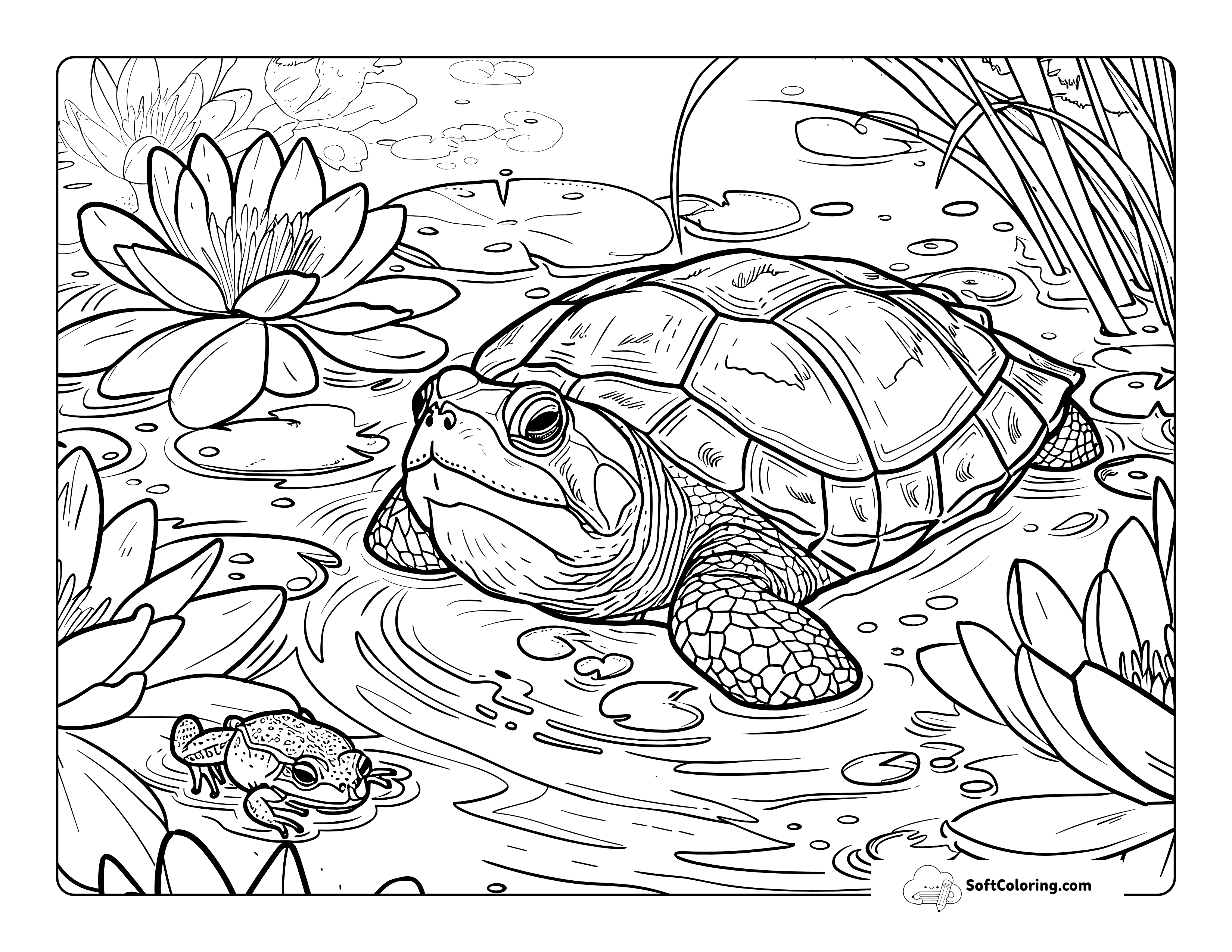 Realistic Turtle Coloring Page In Pond For Adults