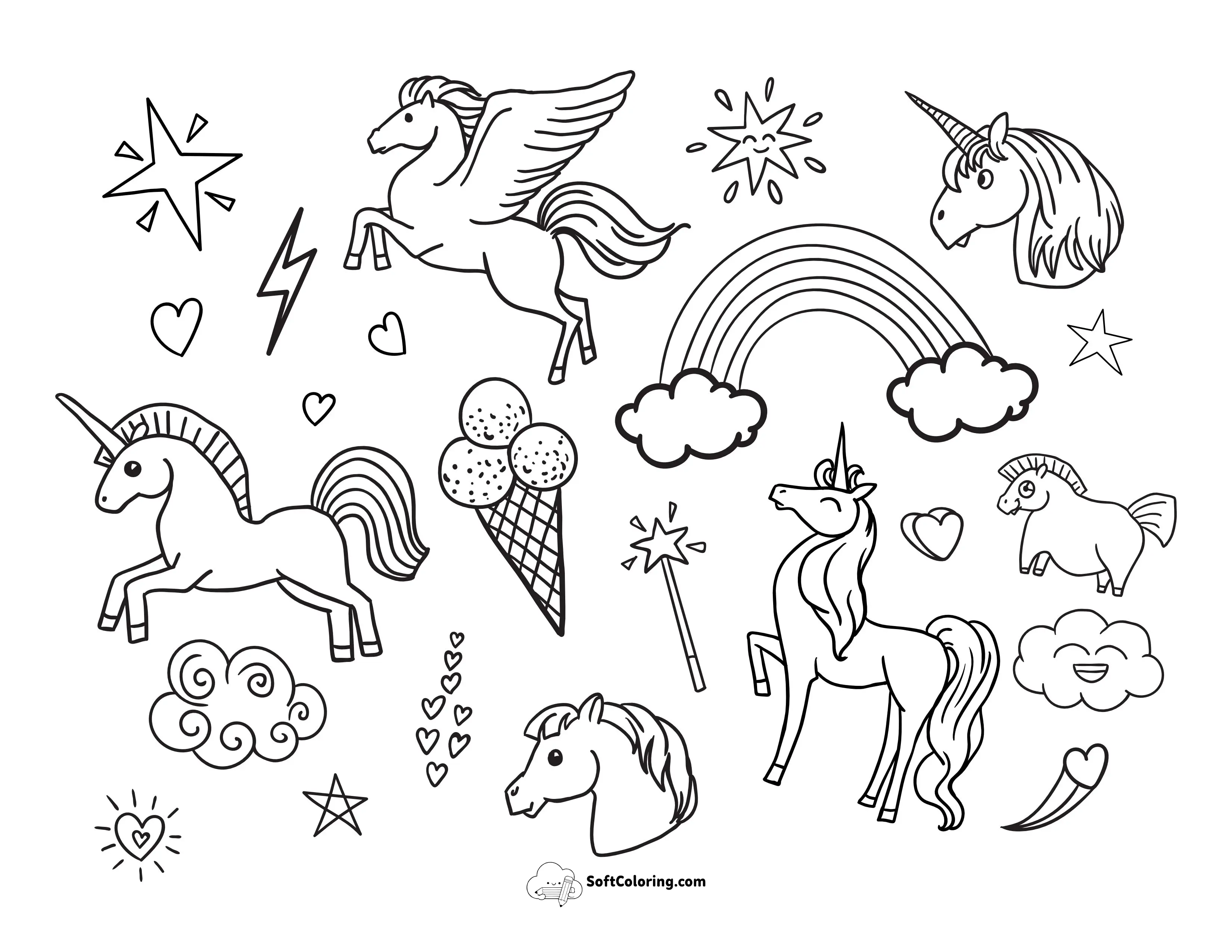 Unicorns Doodle Printable Coloring Page