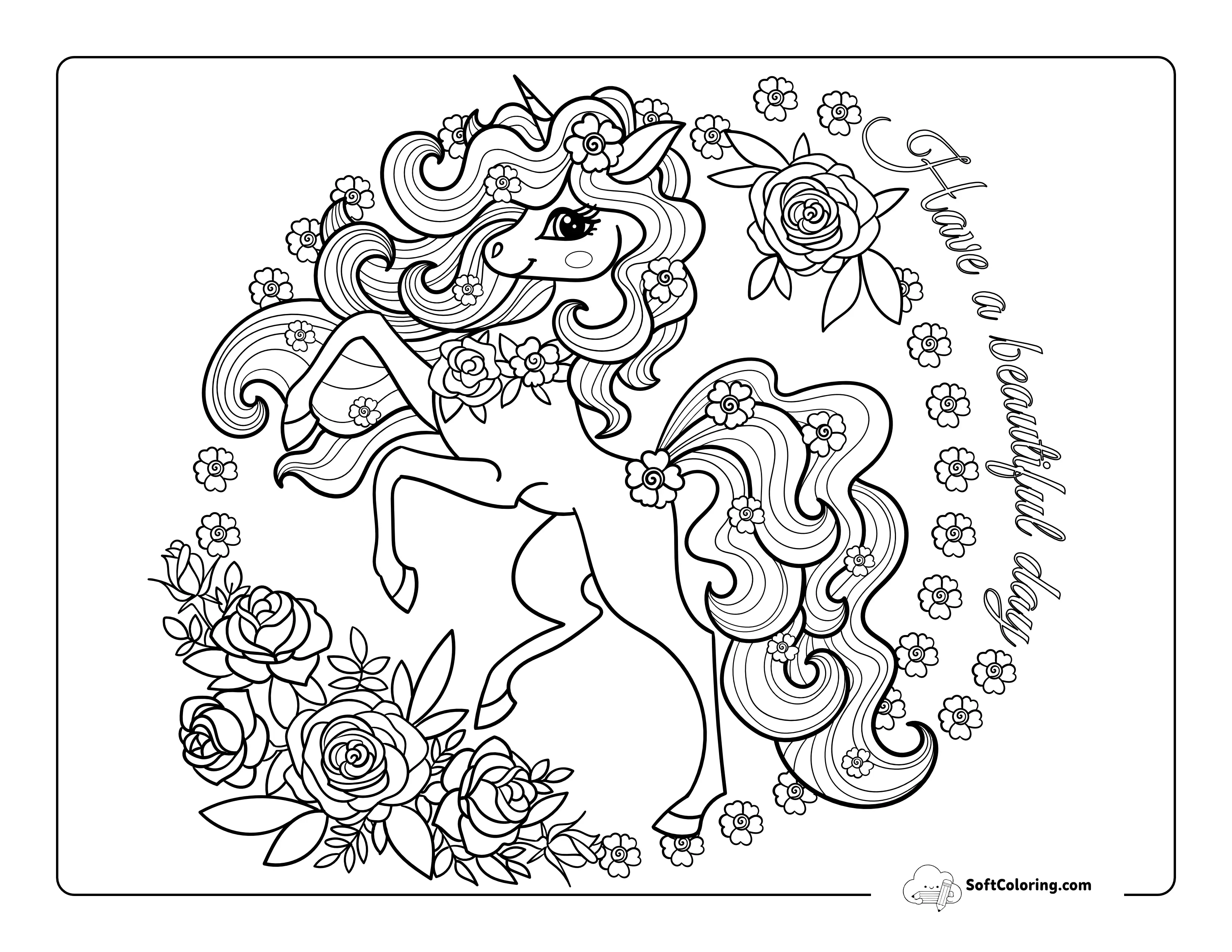 Unicorn With Roses Coloring Page