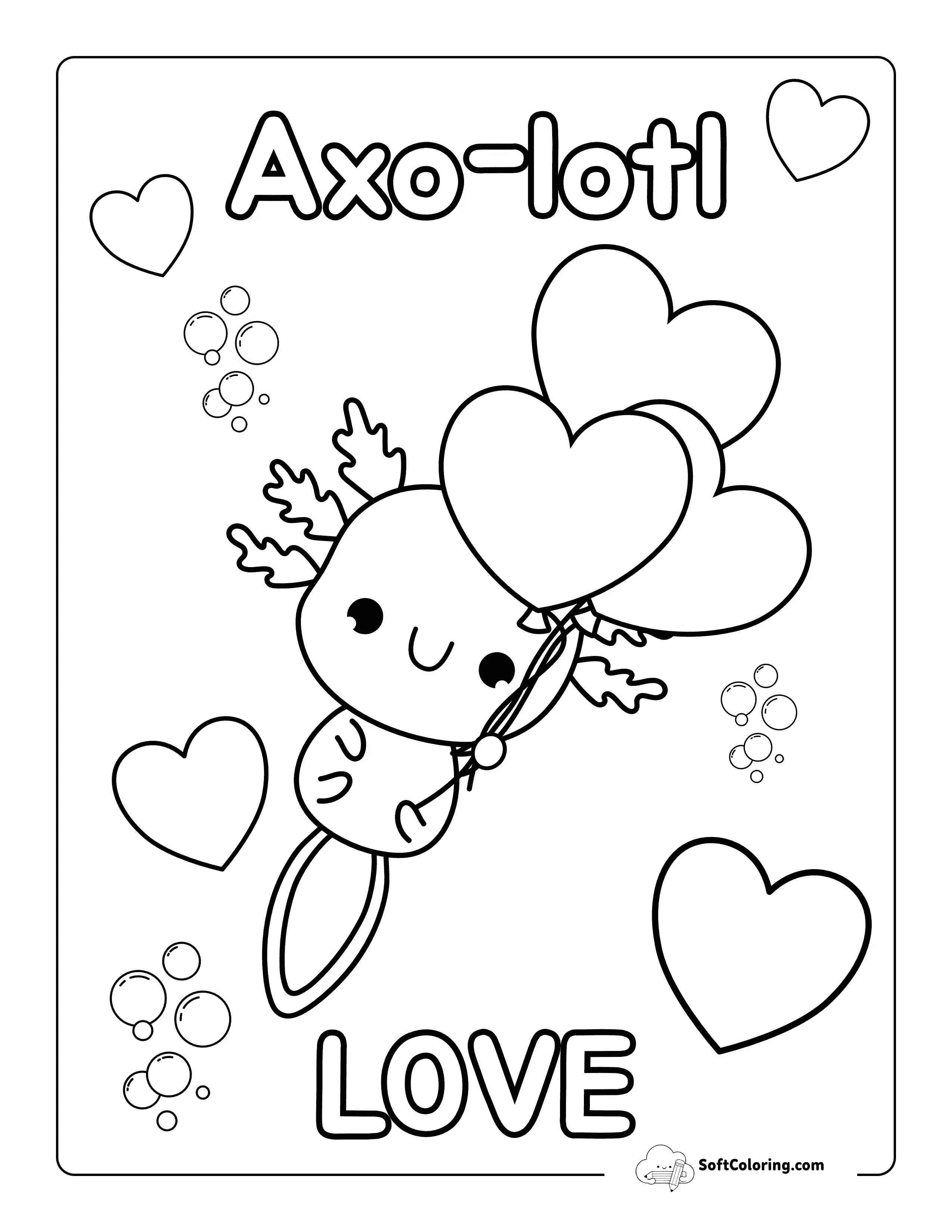 Cute Axolotl Love Coloring Sheet For Kids