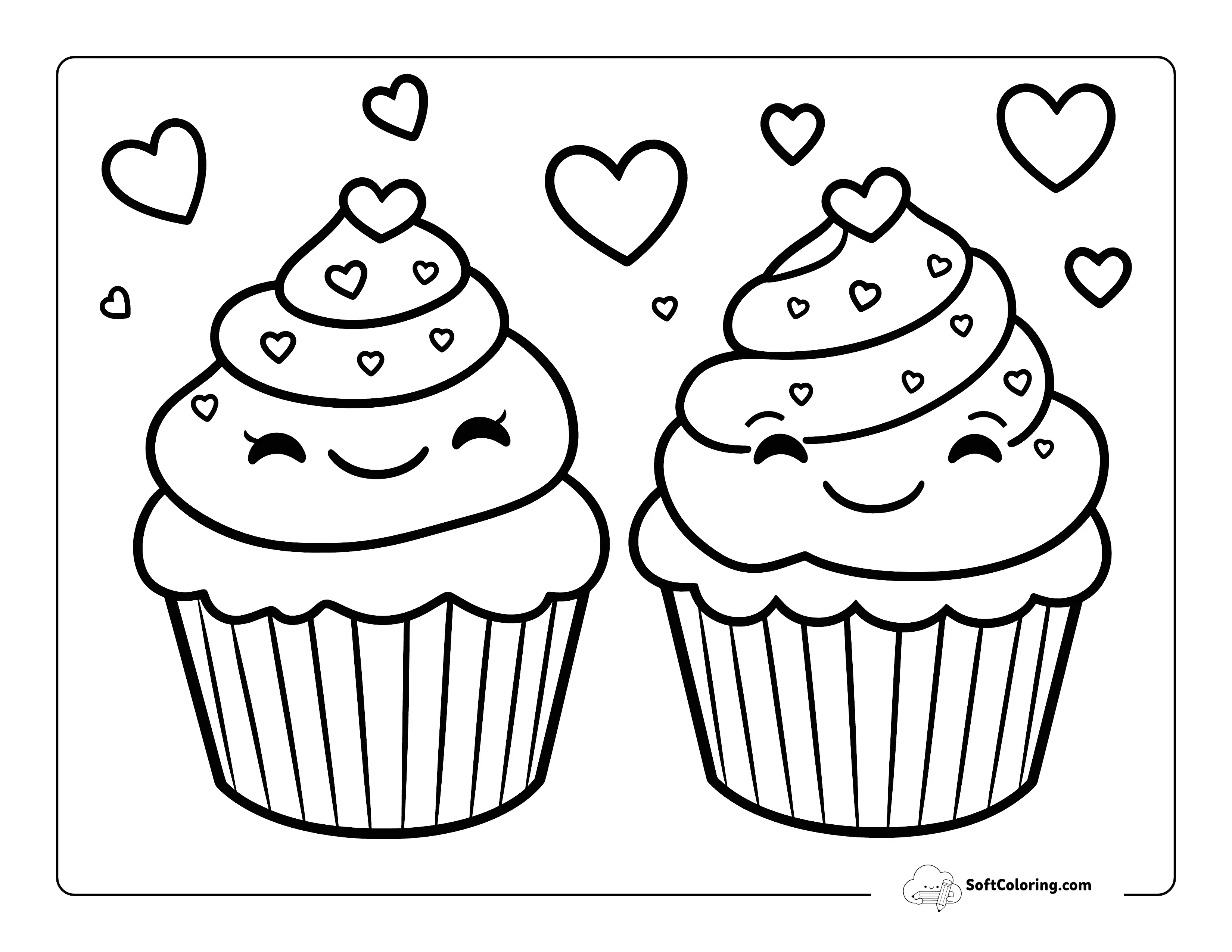 Two Cute Kawaii Cupcakes With Smiling Faces And Hearts