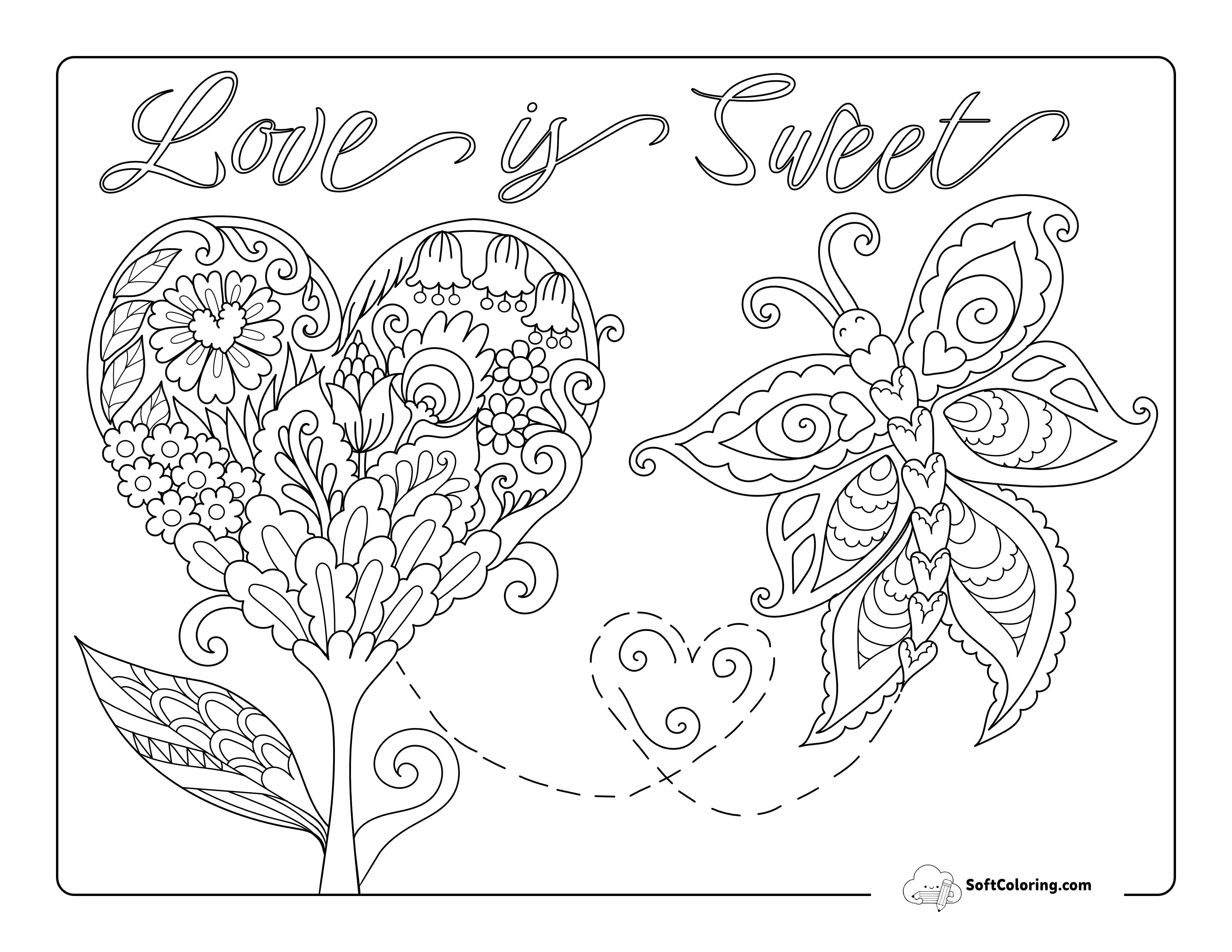 Heart Flower With Butterfly Coloring Page For Adults