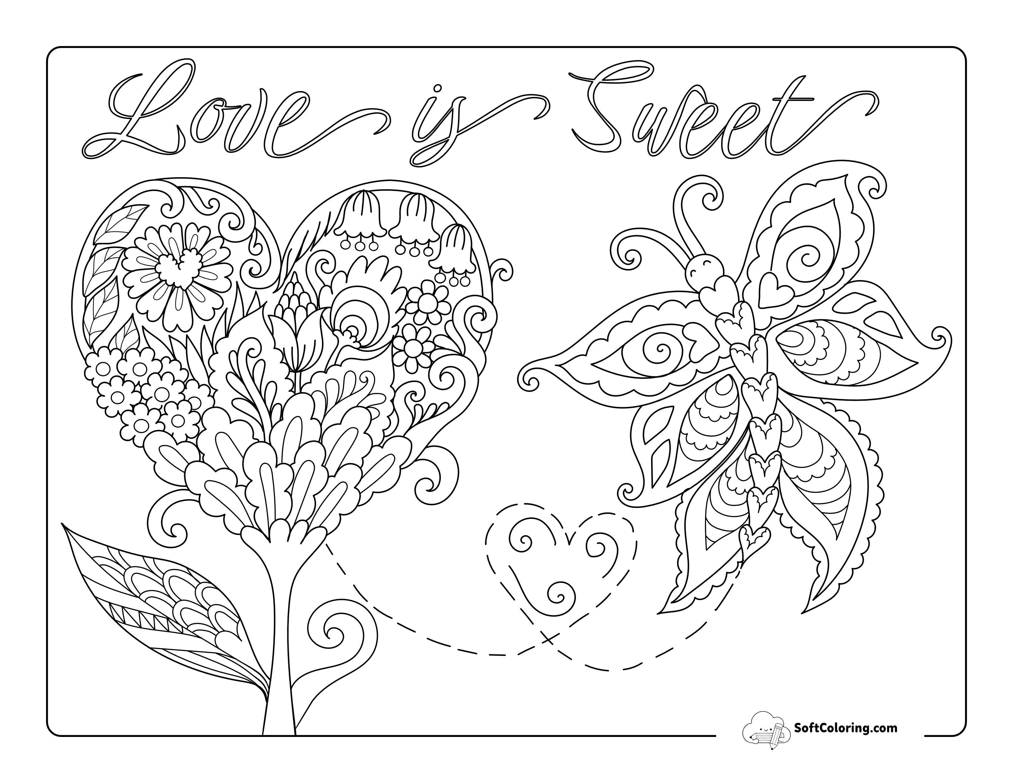 Heart Flower With Butterfly Coloring Page For Adults