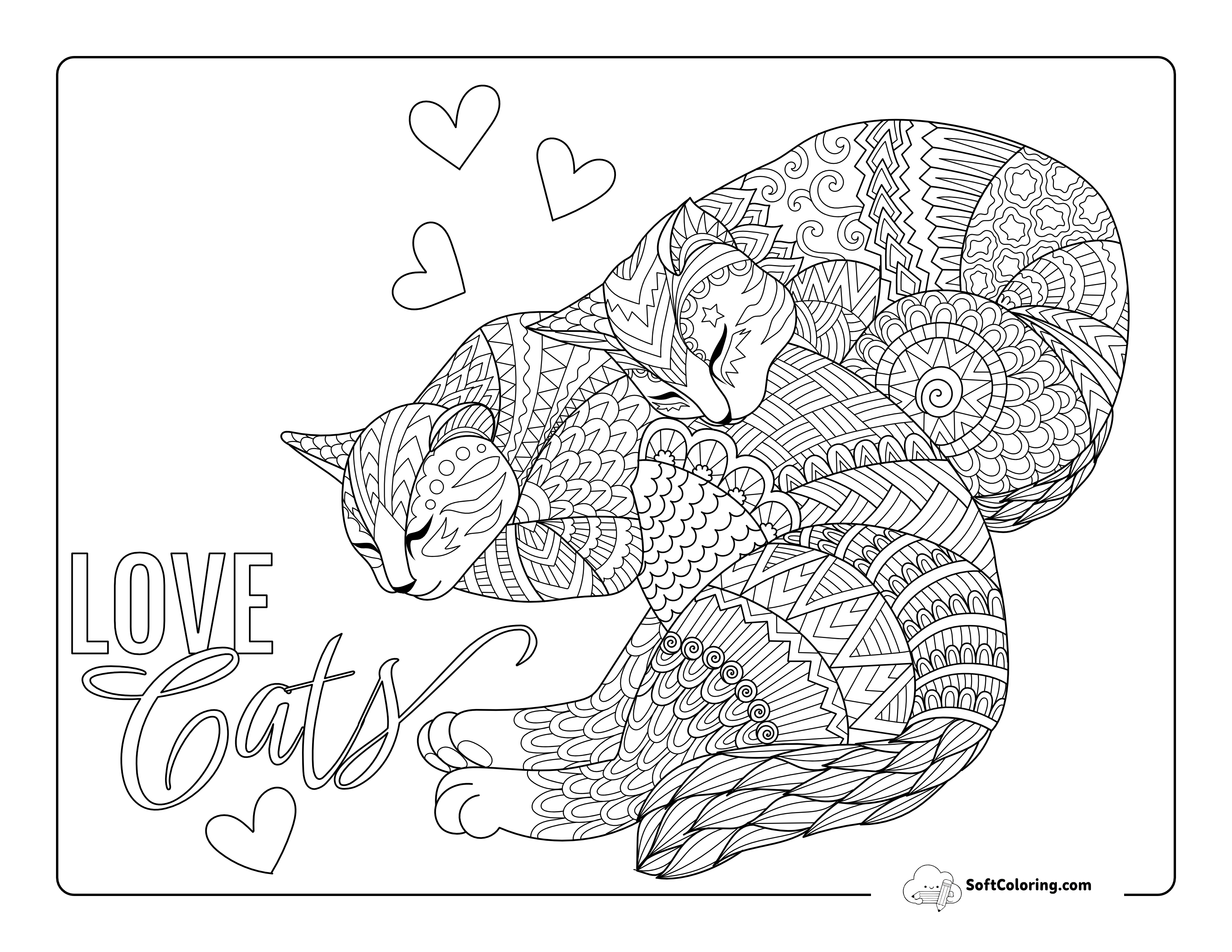 Cute "Love Cats" Zentangle Printable For Teens