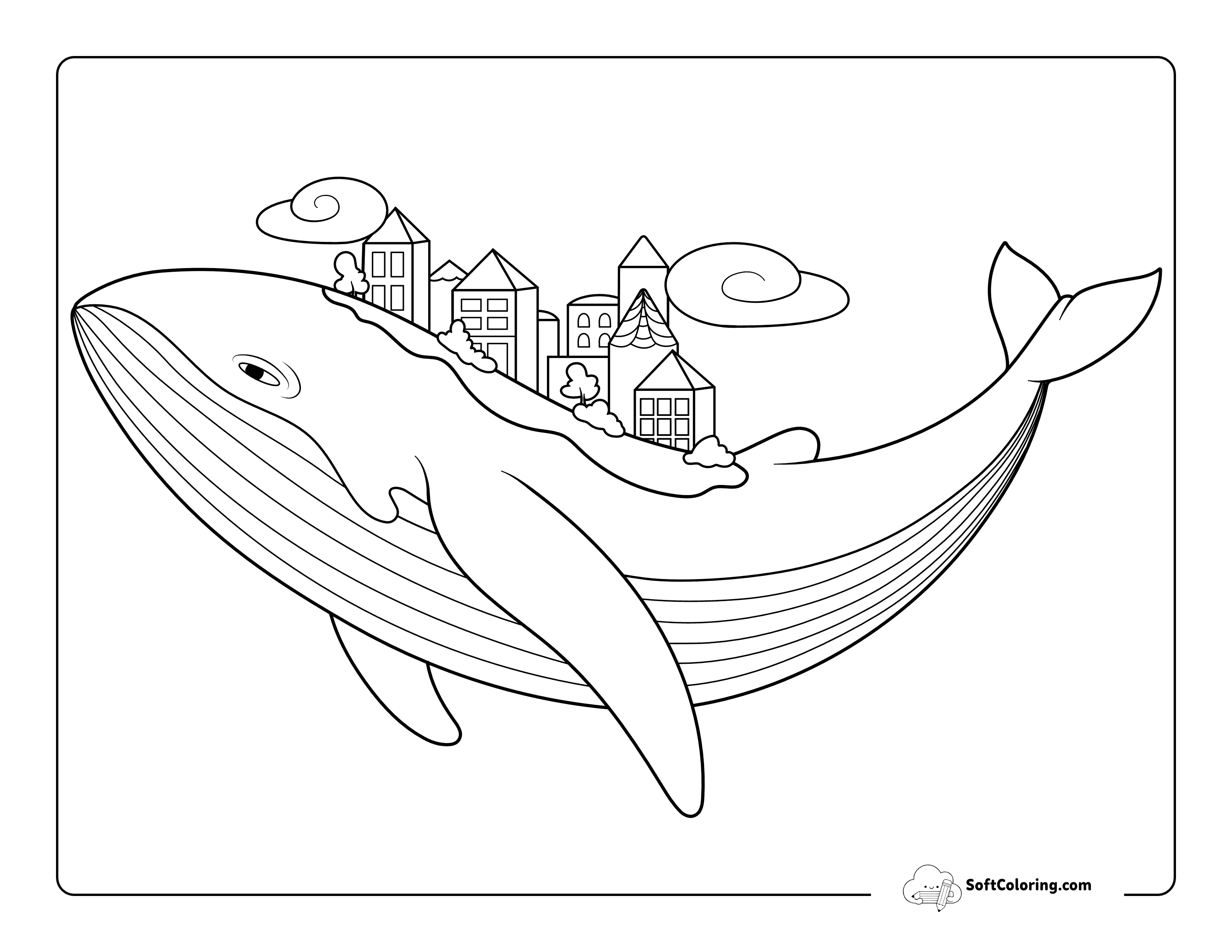 Cool Easy City On The Back Of A Whale Coloring Page
