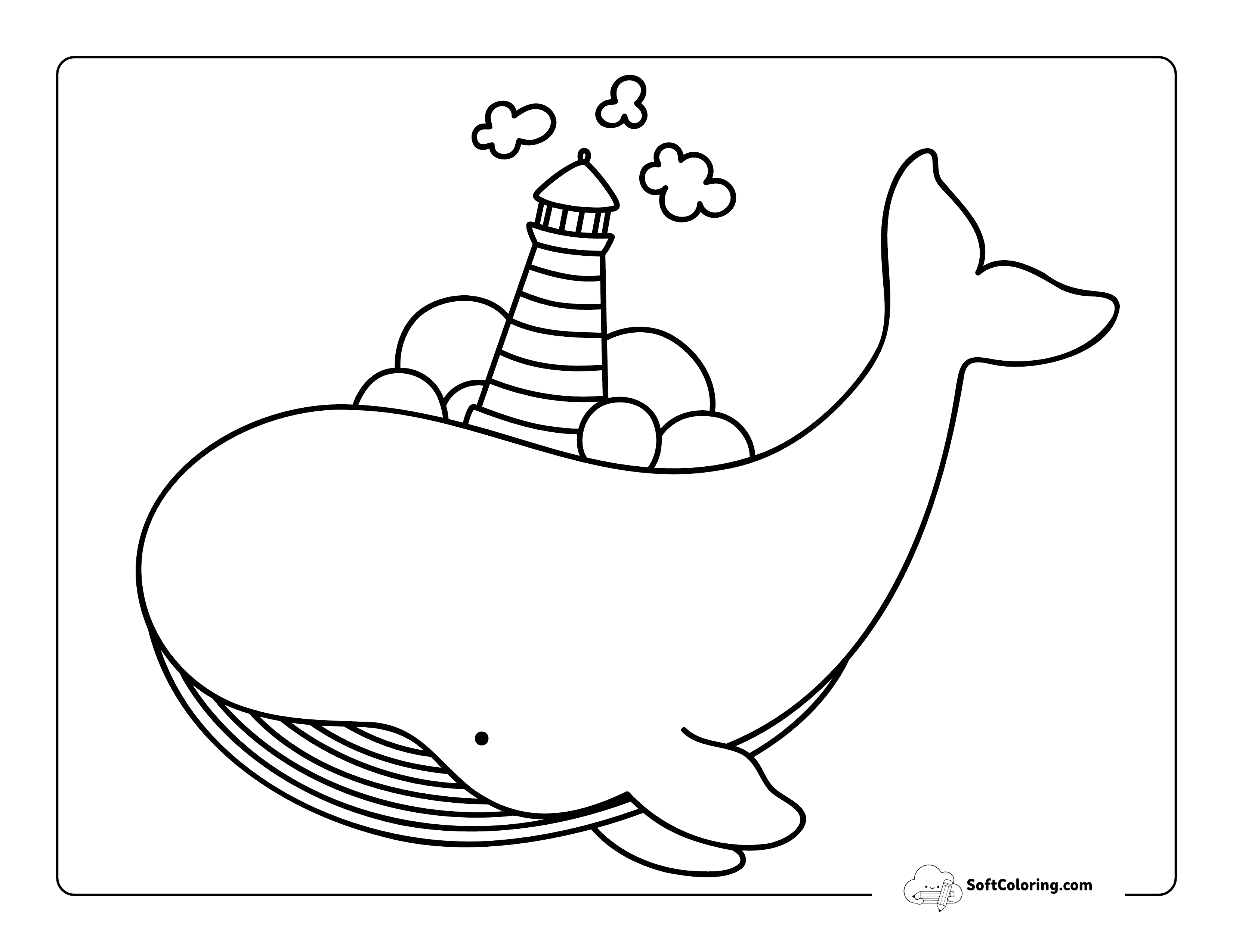 Cute Whale Carrying A Lighthouse - Easy Coloring Page For Kids