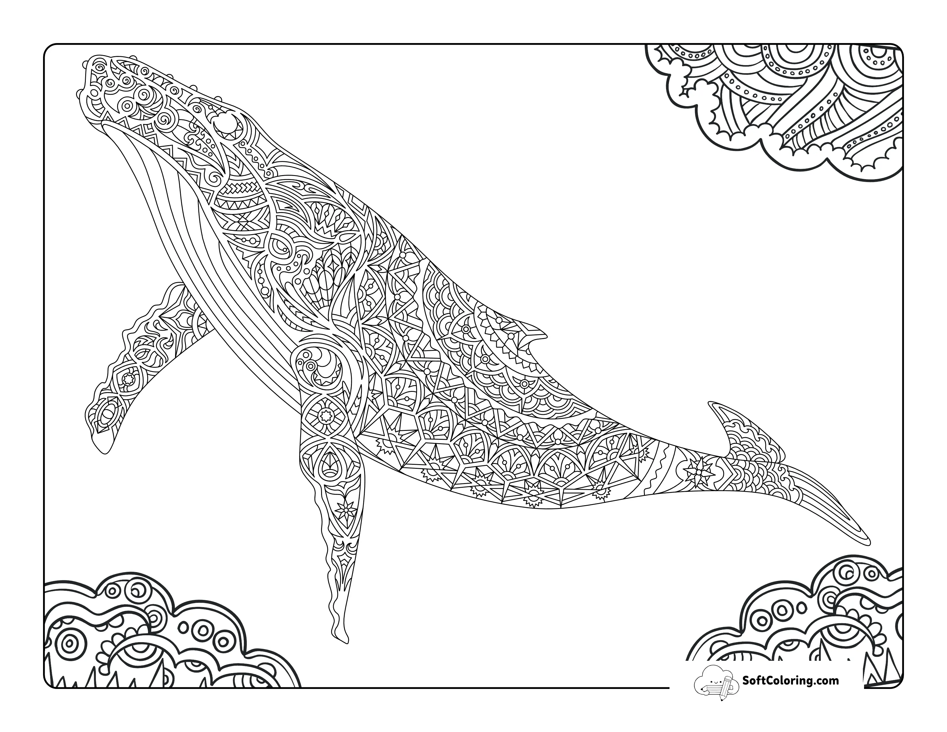 Cool Realistic Flying Whale Zentangle For Adults To Color