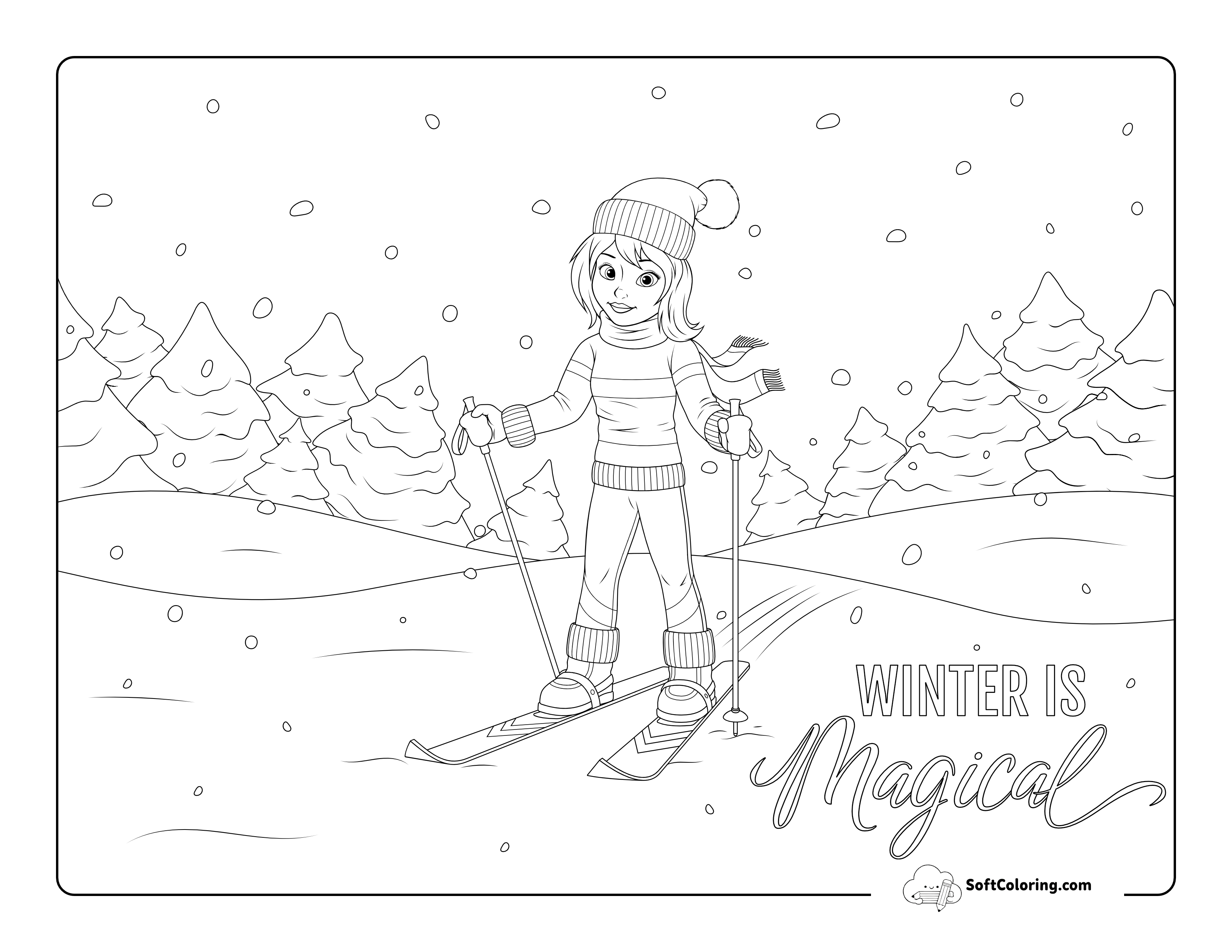 Girl Skiing Winter Coloring Page
