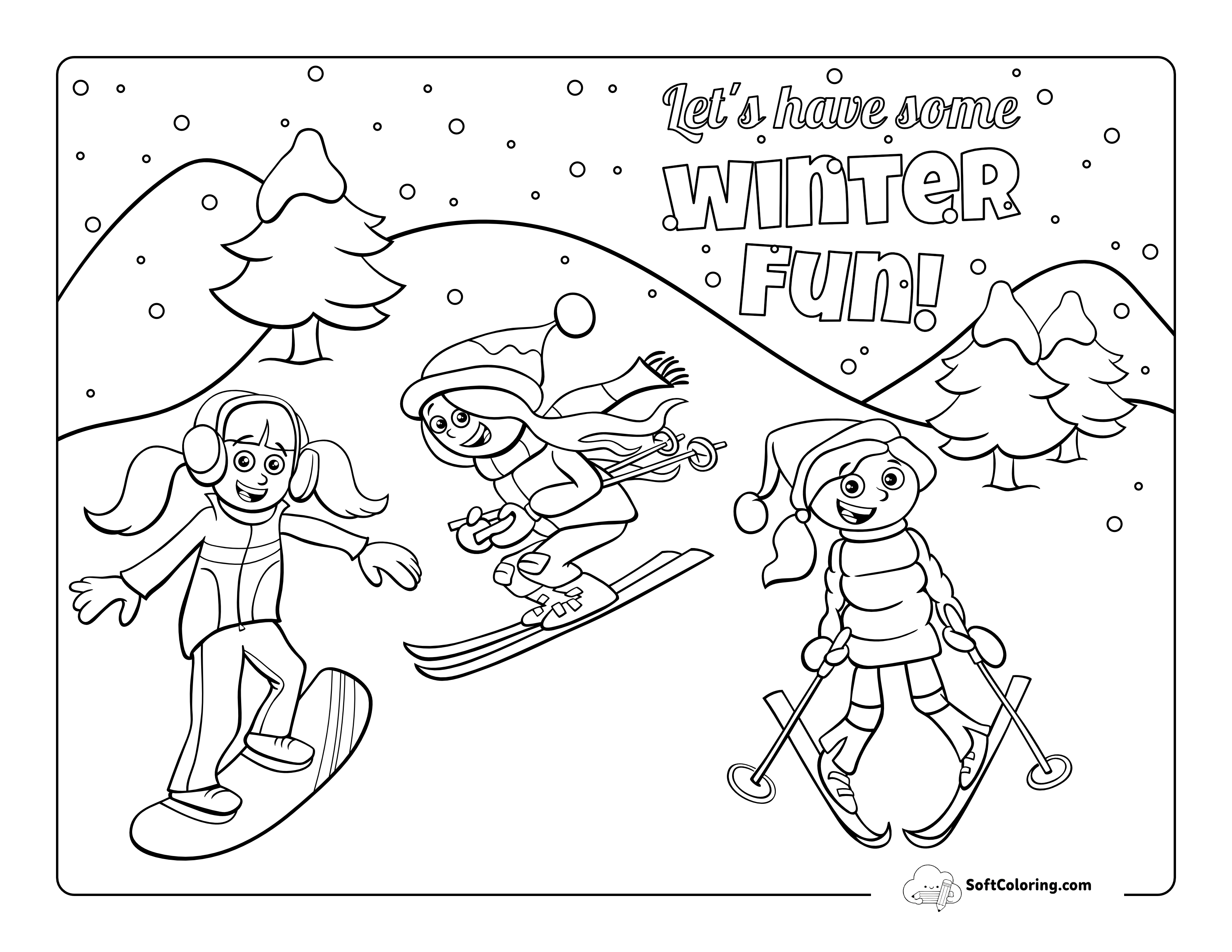 Happy Kids Playing In The Snow Coloring Page