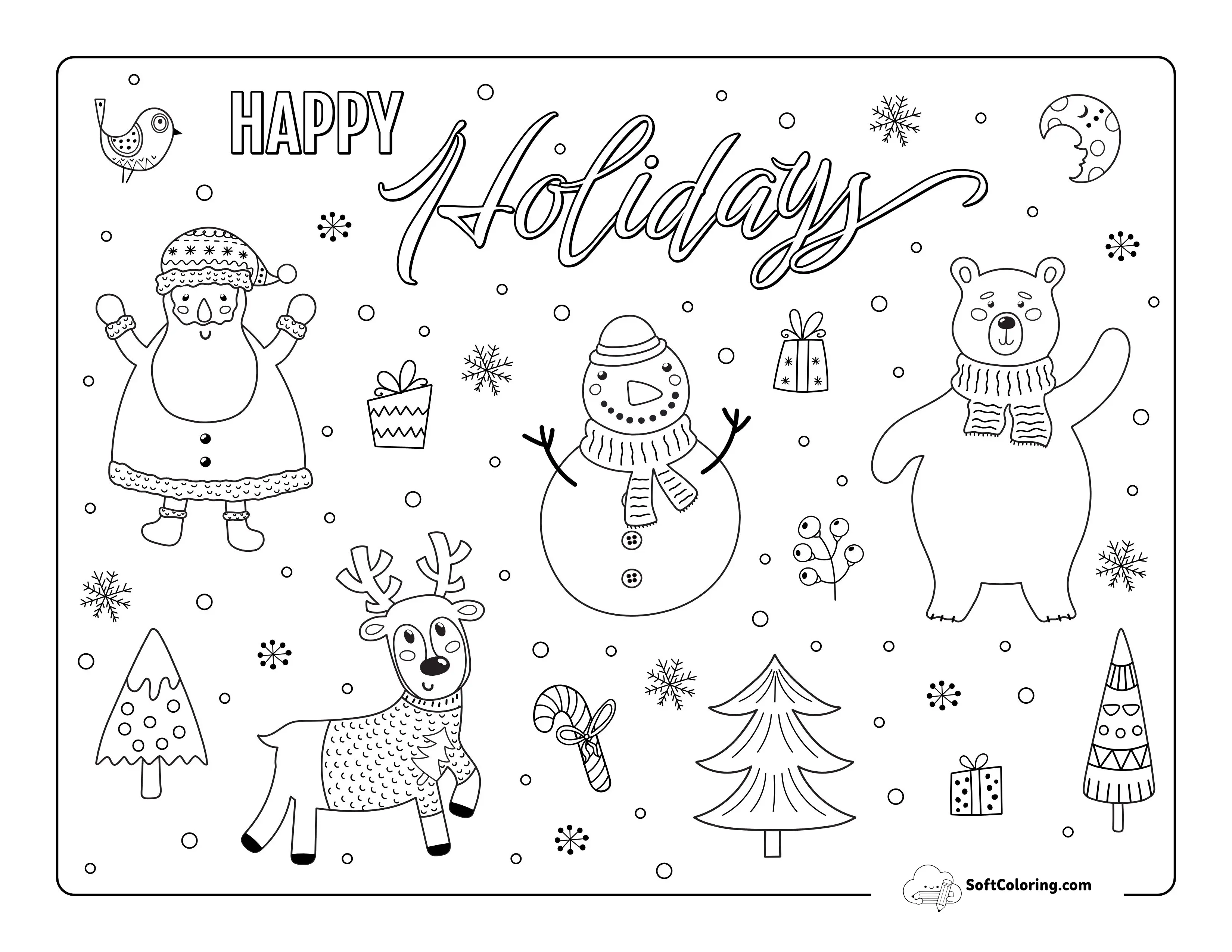 "Happy Holidays" Santa, Snowman, Reindeer Coloring Sheet