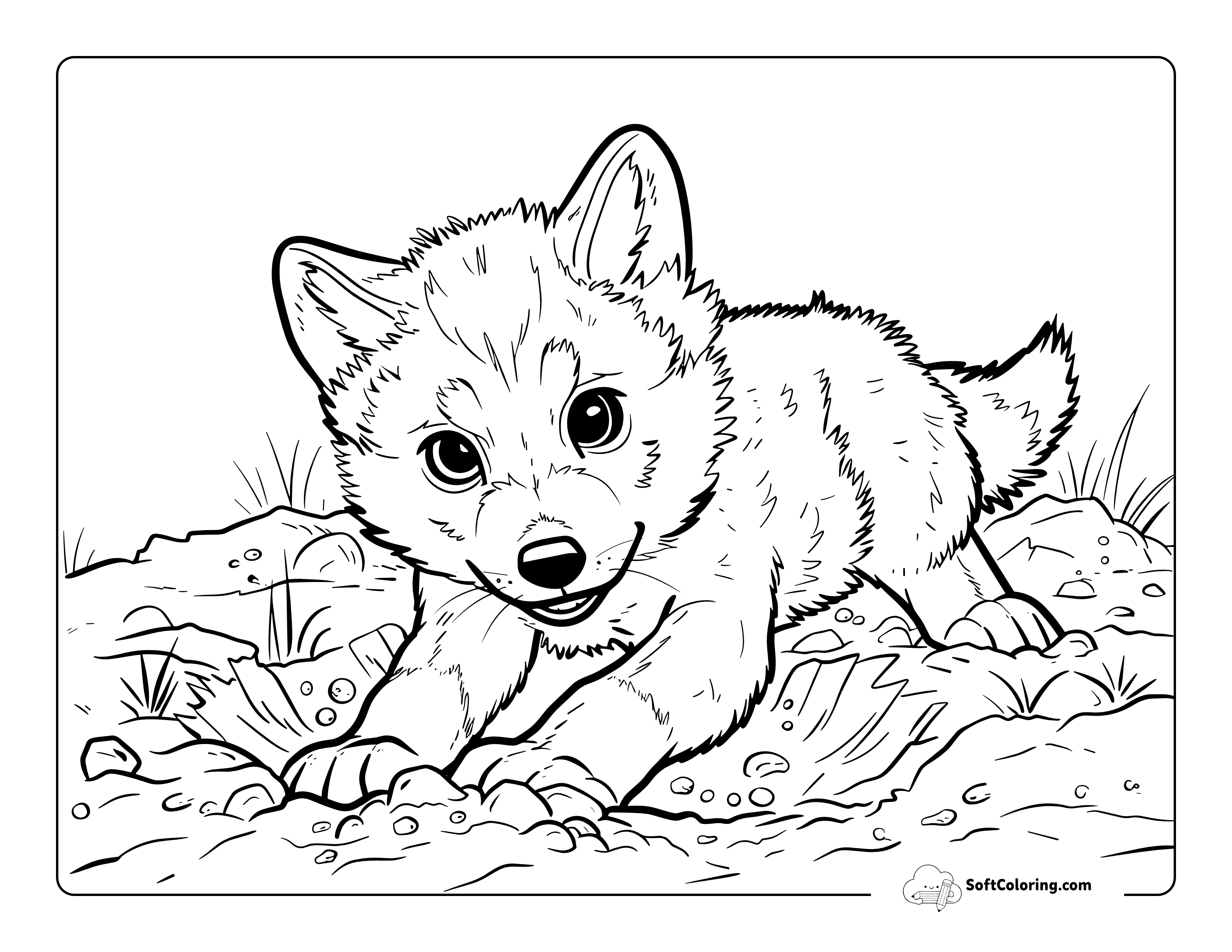 Realistic Cute Baby Wolf Coloring Page