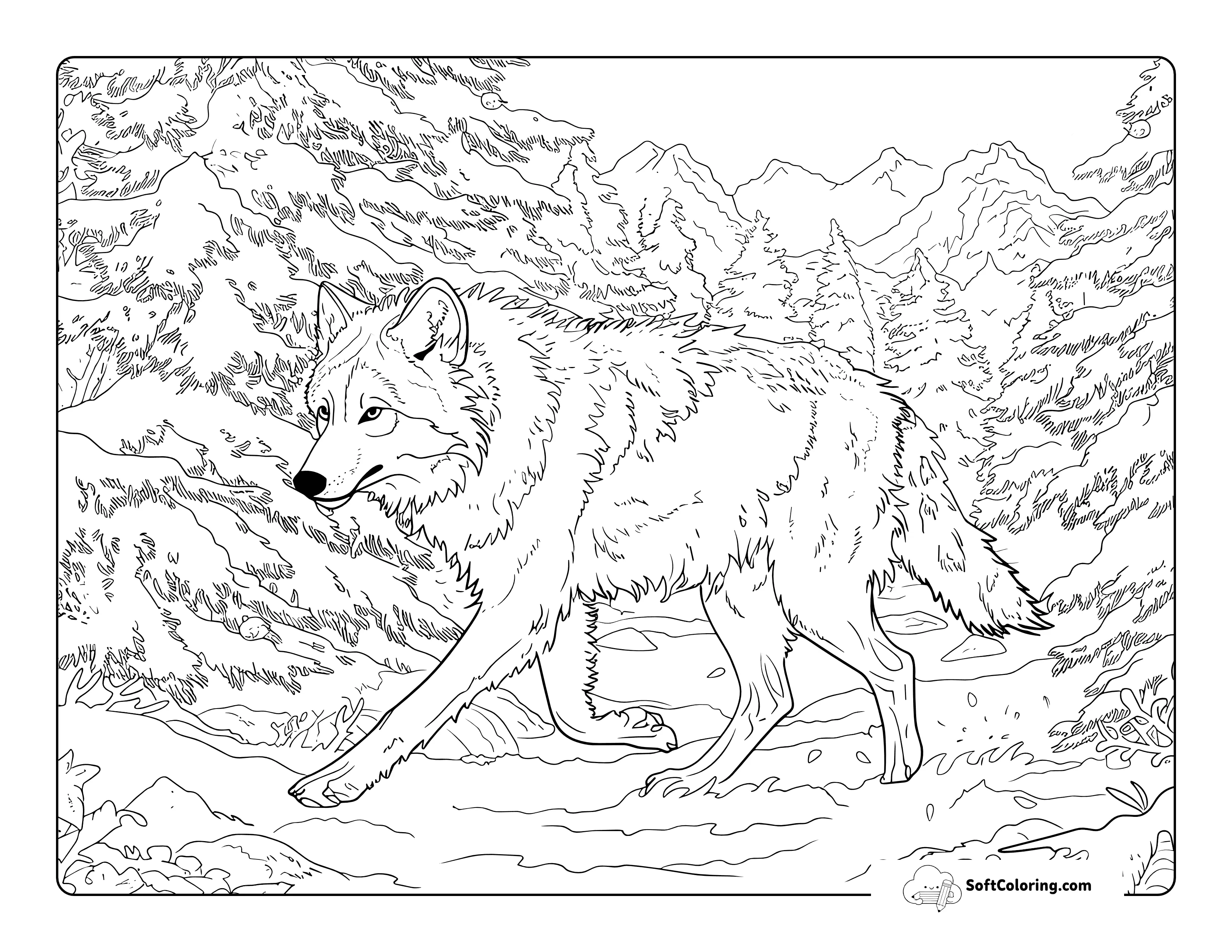 Detailed Snowy Wolf Coloring Page For Adults
