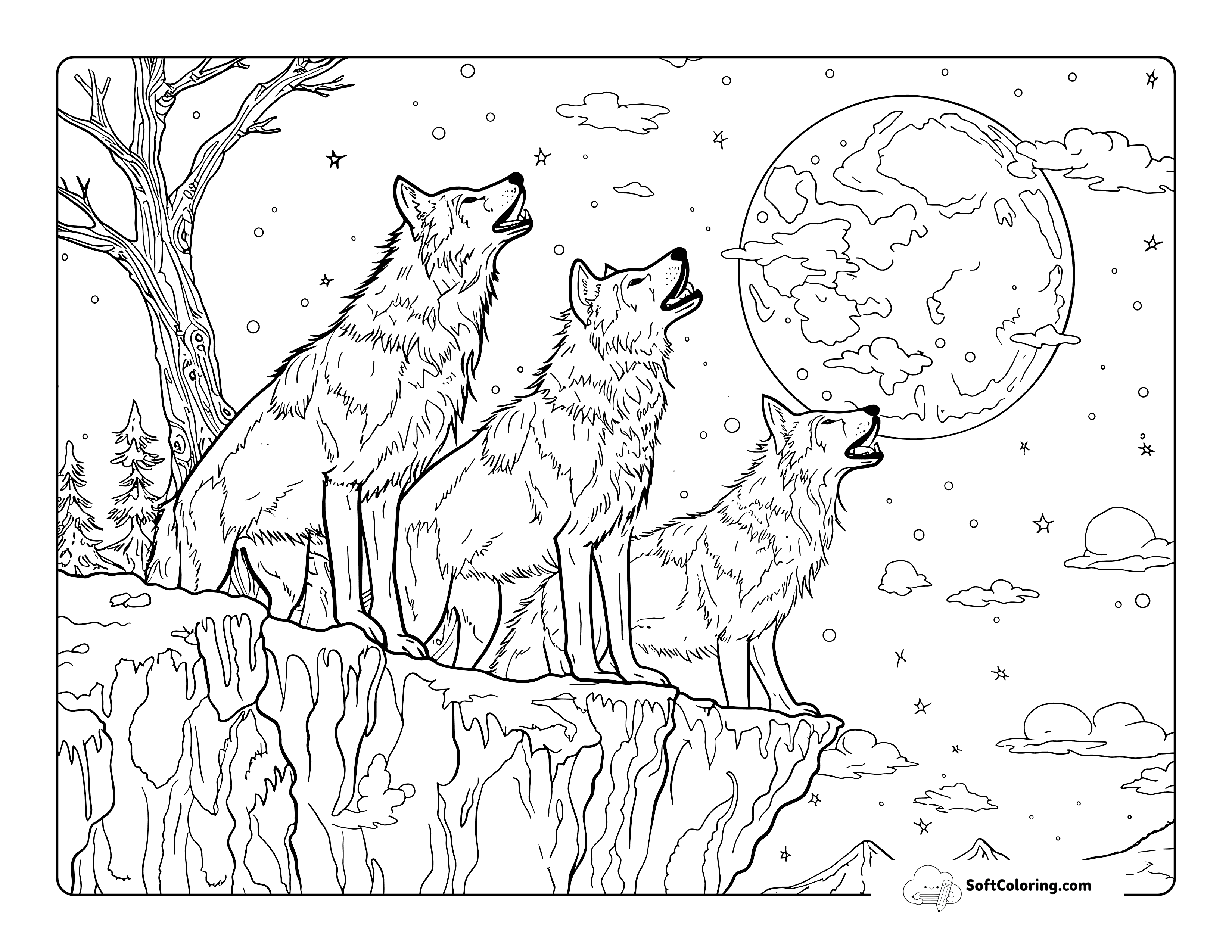 Realistic Wolves Howling At Moon Detailed Printable To Color