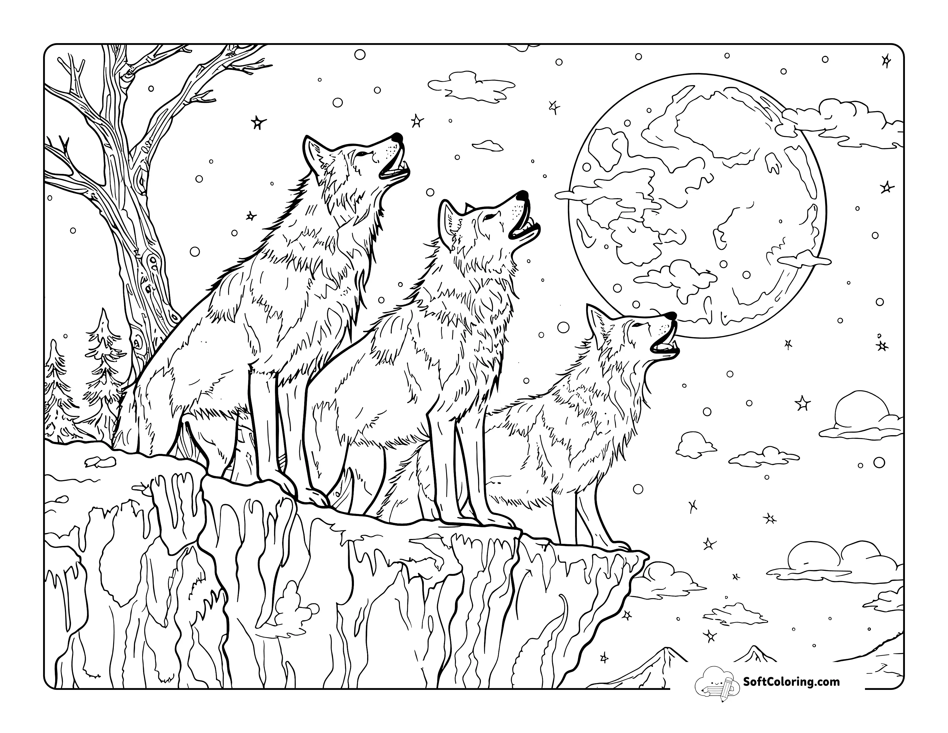 Realistic Wolves Howling At Moon Detailed Printable To Color