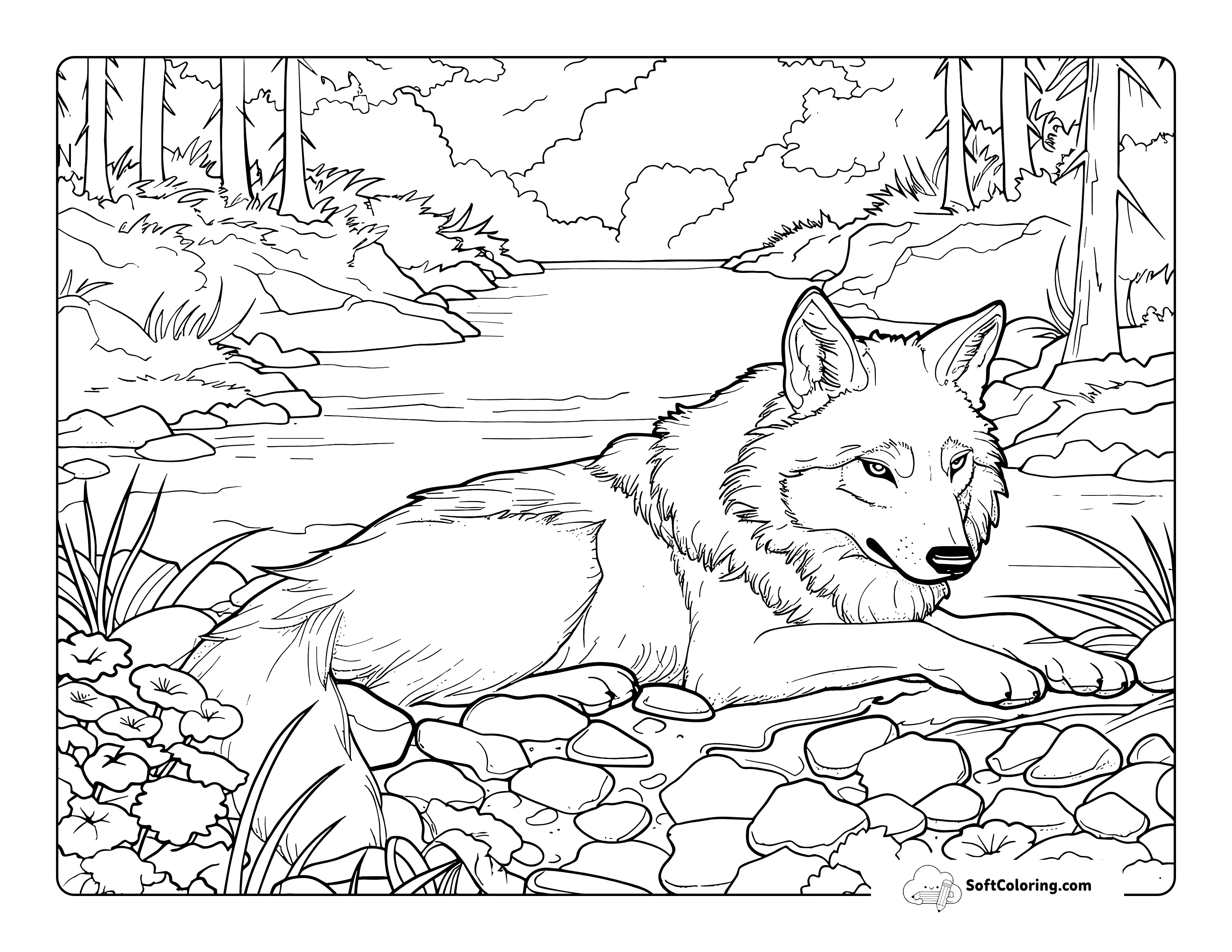 Printable Wolf By Stream For Adults