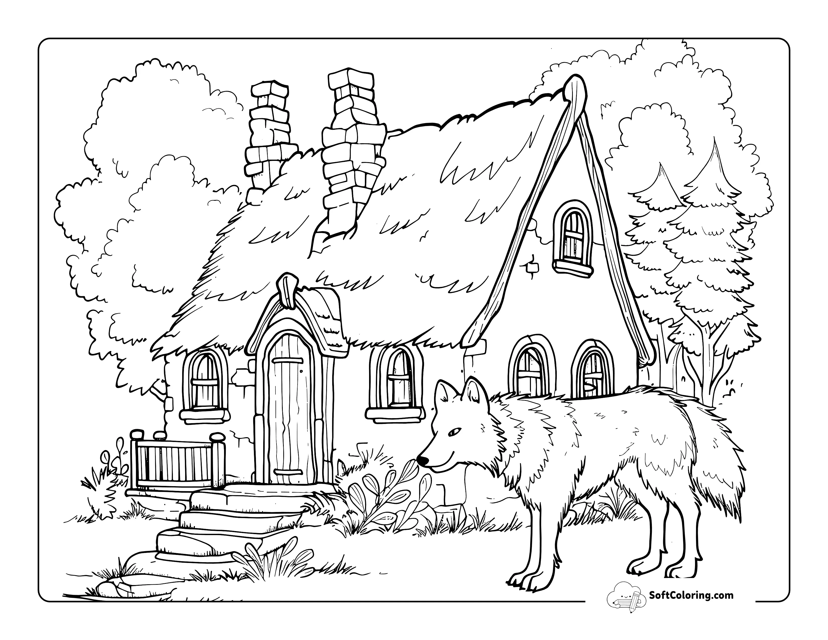 Fairytale Wolf At Cabin Coloring Page