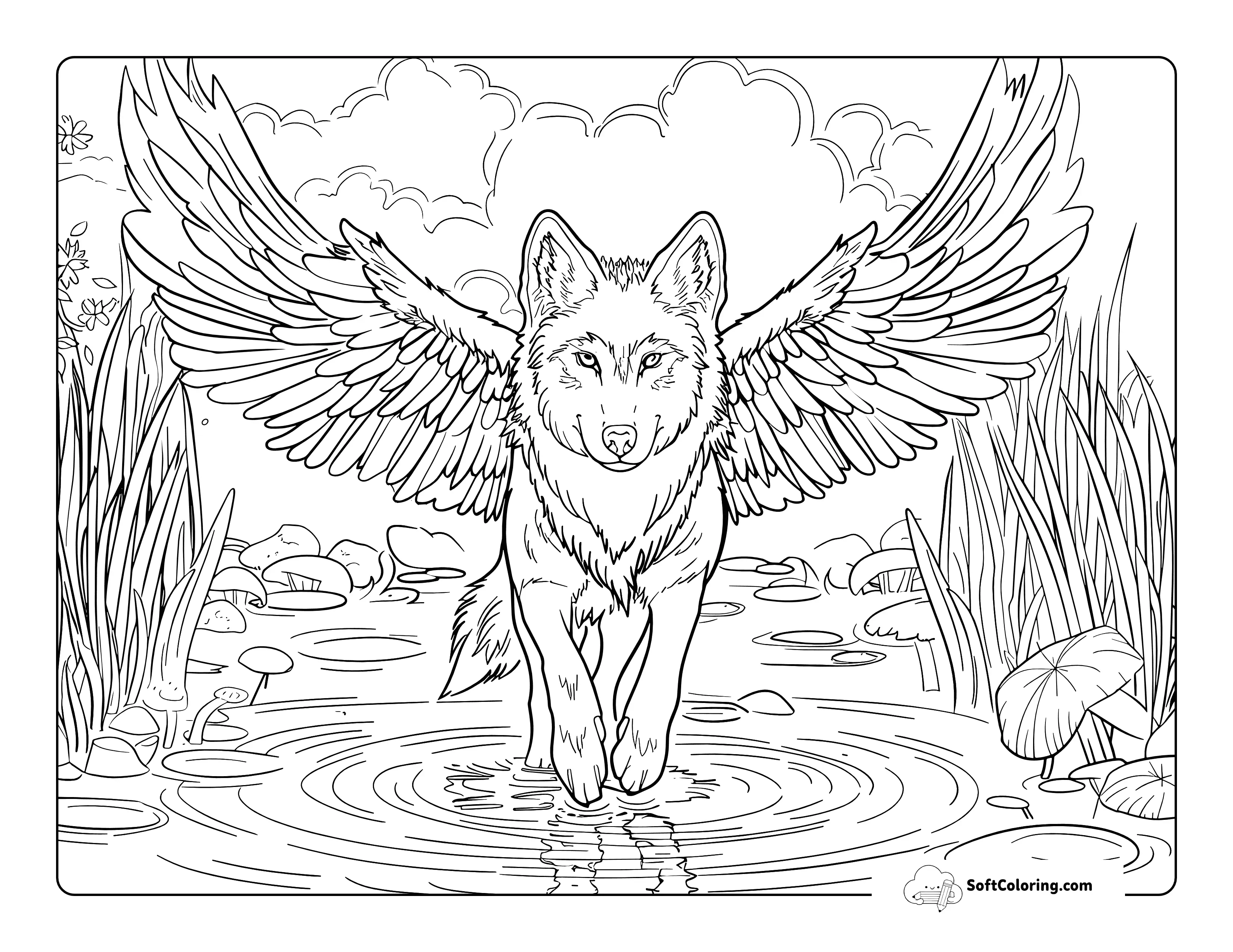Realistic Mythical Wolf With Wings Coloring Page