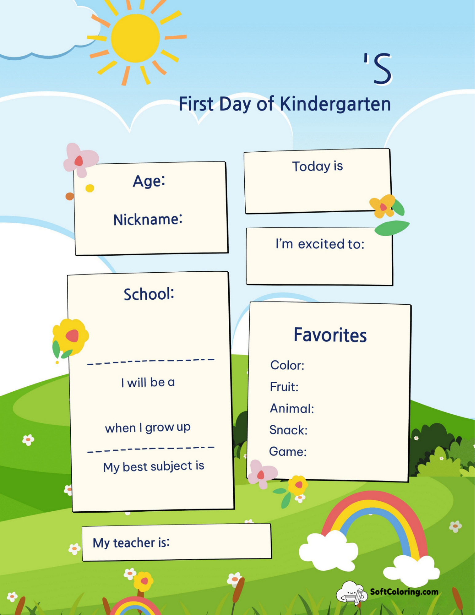 First Day Of Kindergarten All About Me Worksheet
