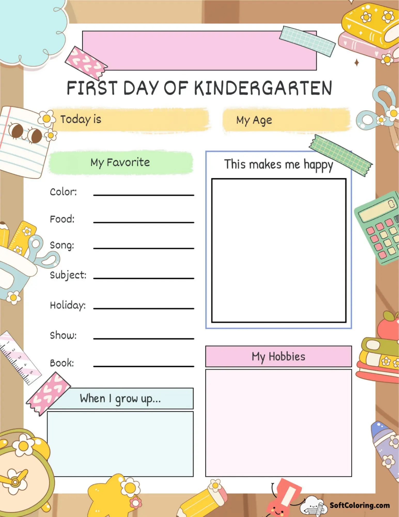 First Day Of Kindergarten All About Me Template