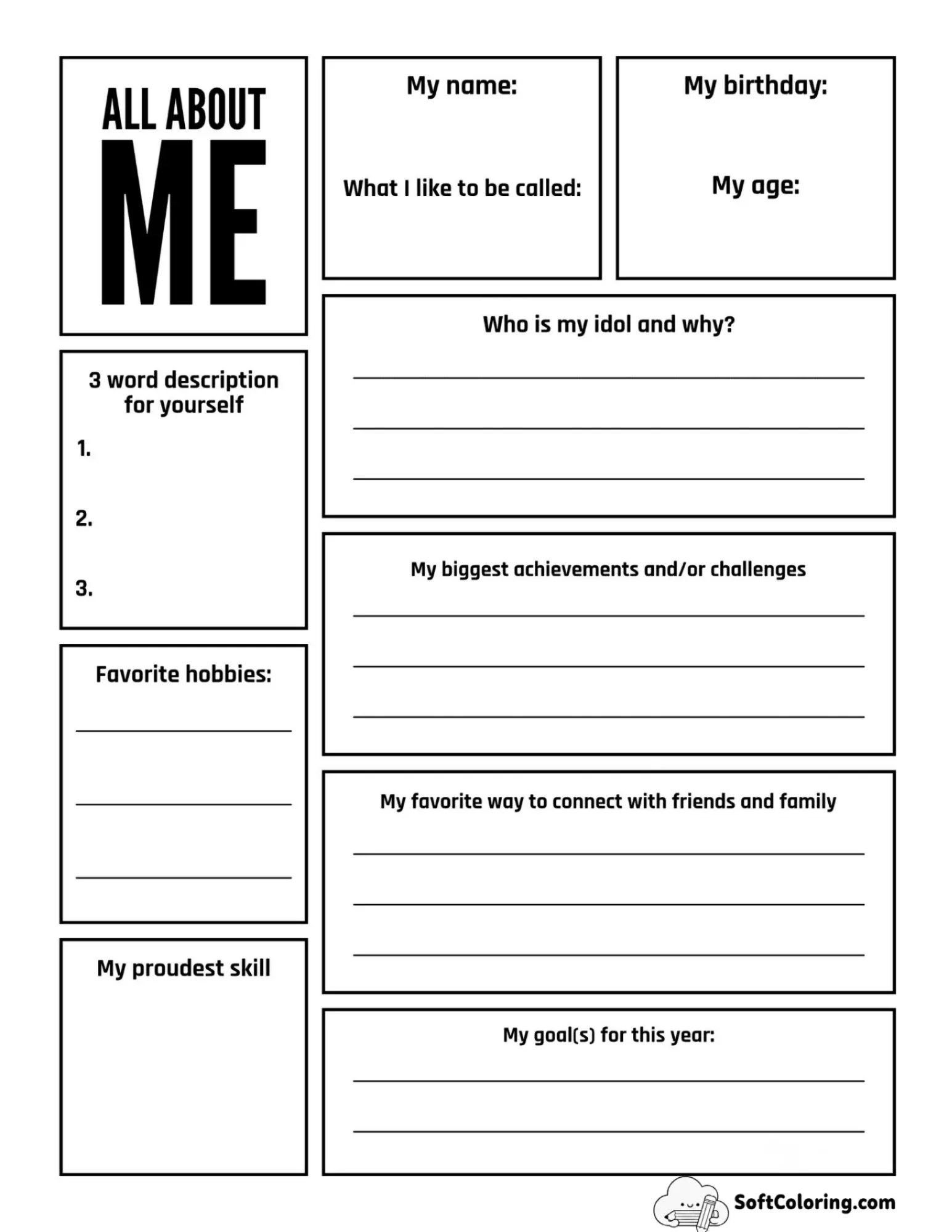 Boxed All About Me Worksheet For Adults