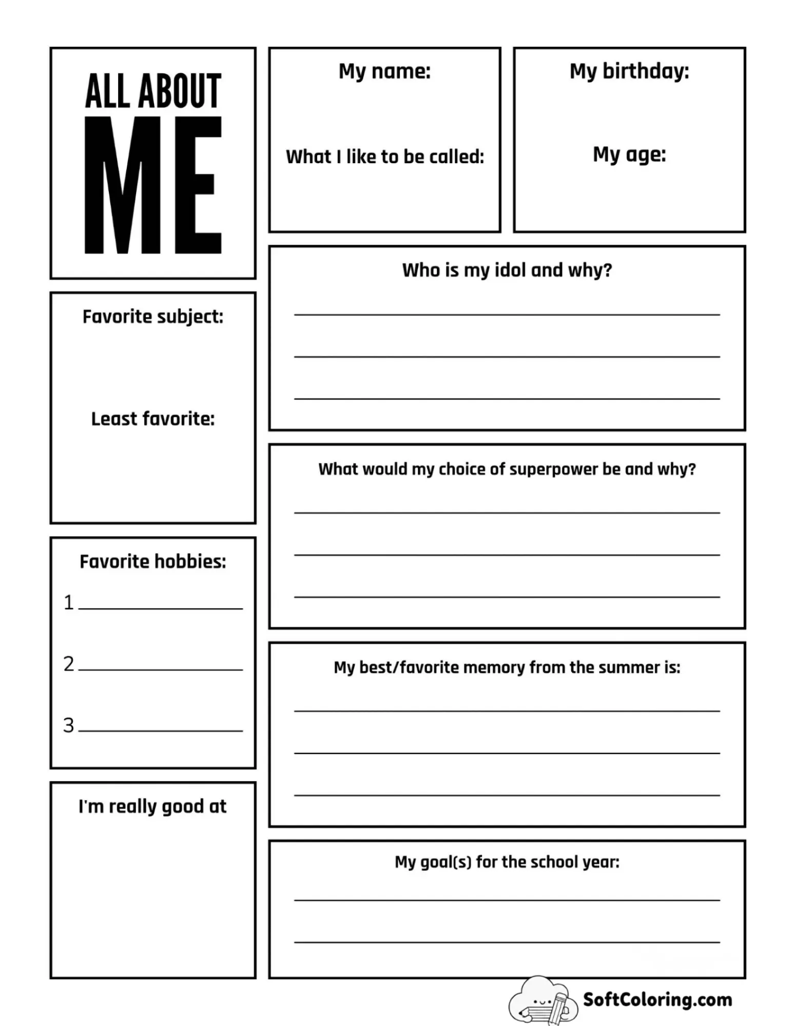 Printable All About Me Worksheet For Middle School A