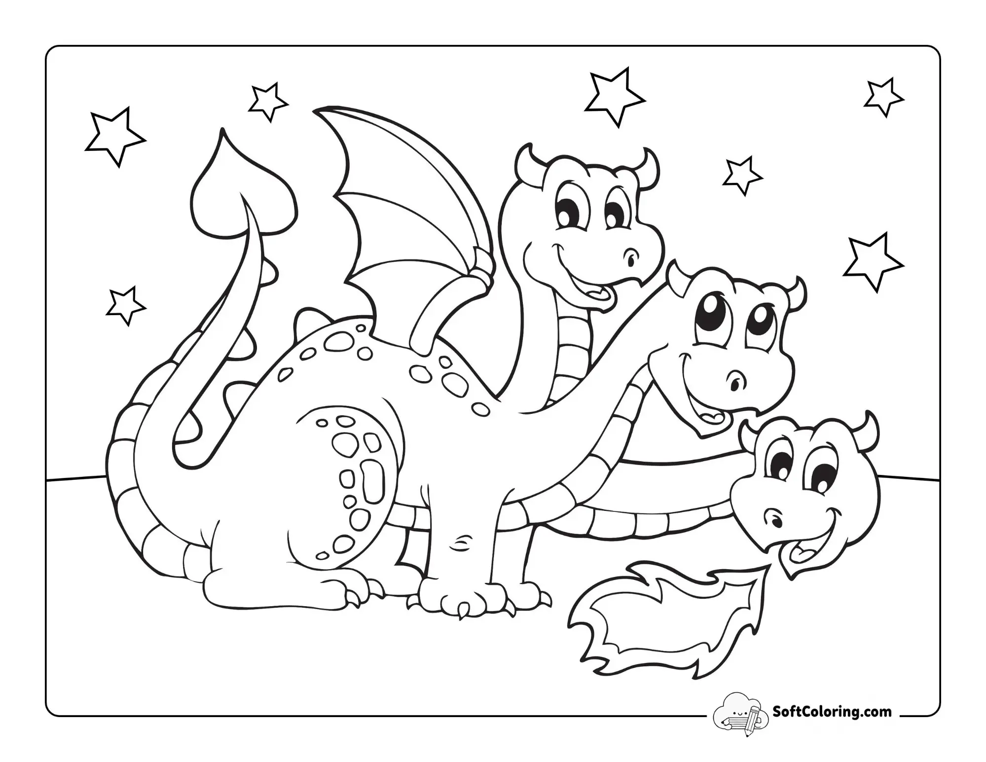 Three-Headed Dragon Cartoon To Color