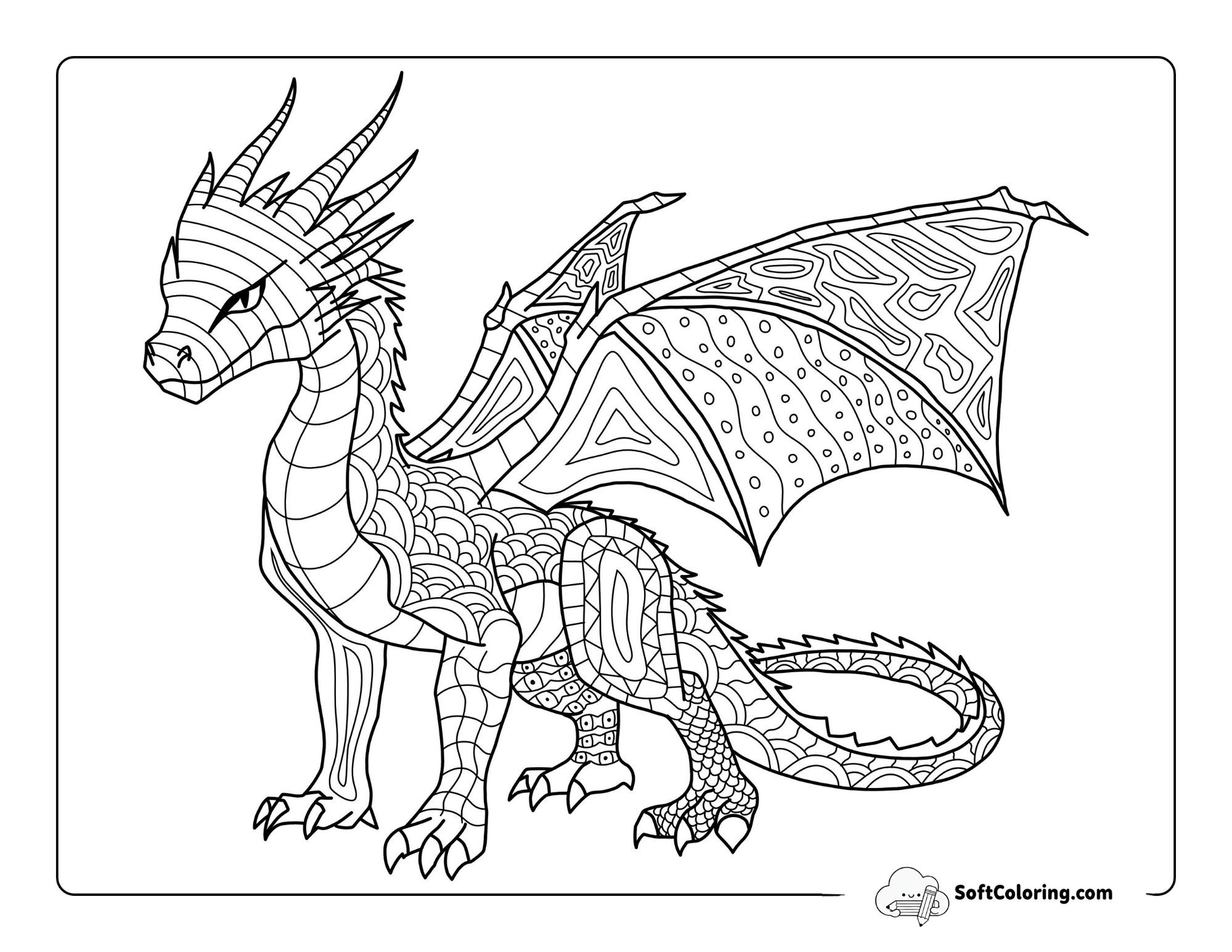 Patterned Realistic Dragon Coloring Page For Teens