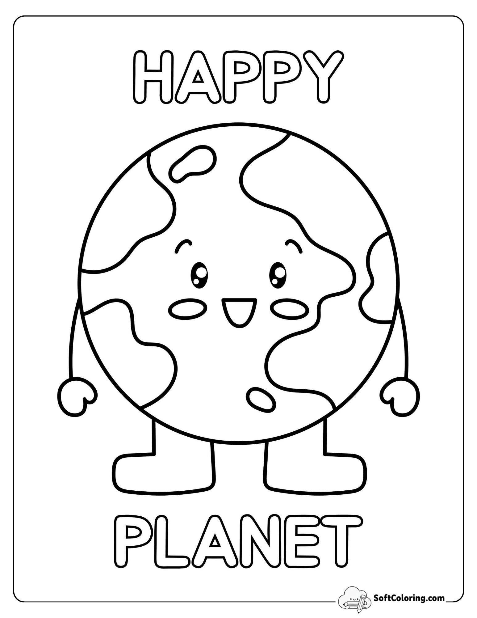 Happy Planet - Easy Kawaii Earth Coloring Page