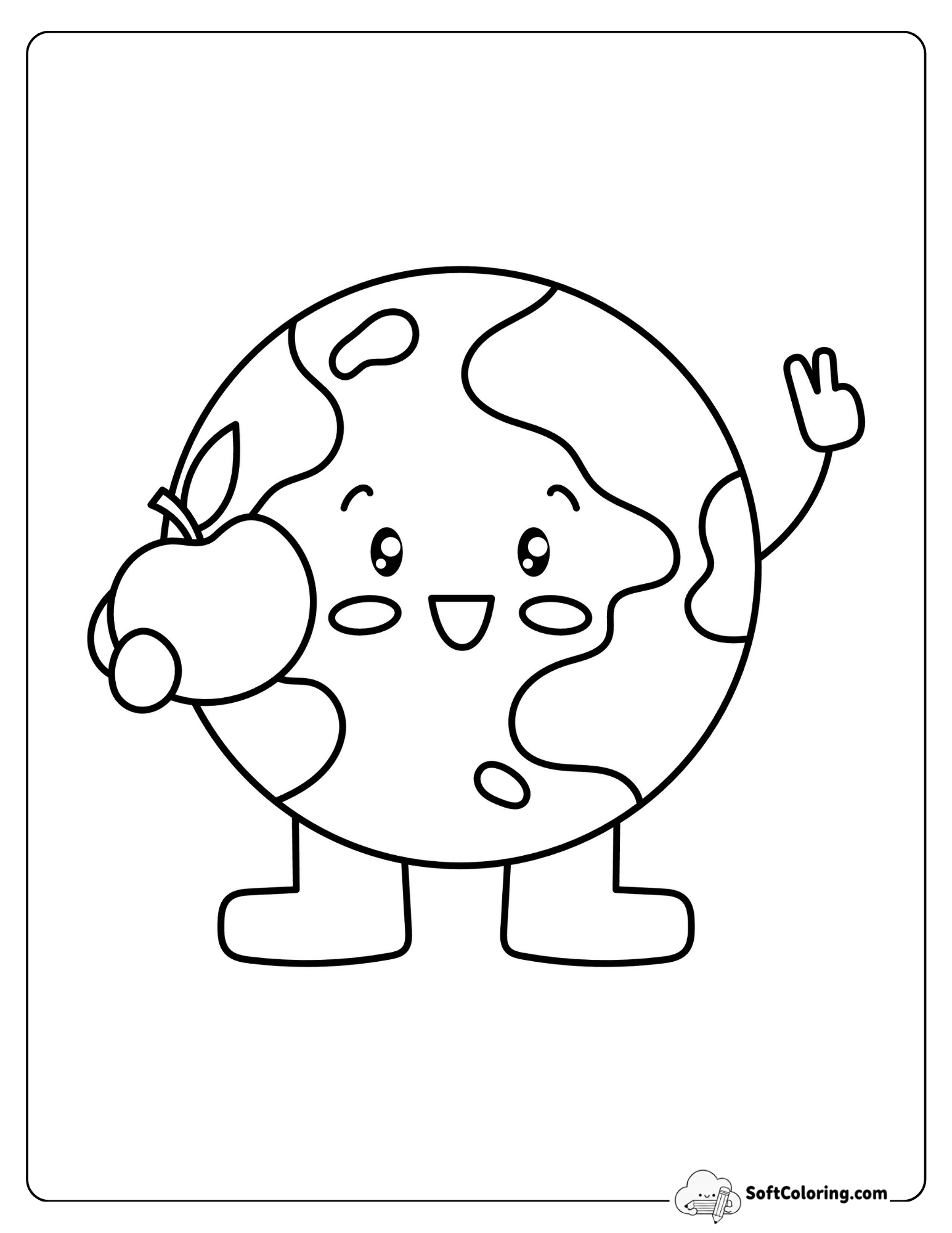 Kawaii Earth Doing Peace Sign - Easy Coloring For Preschoolers