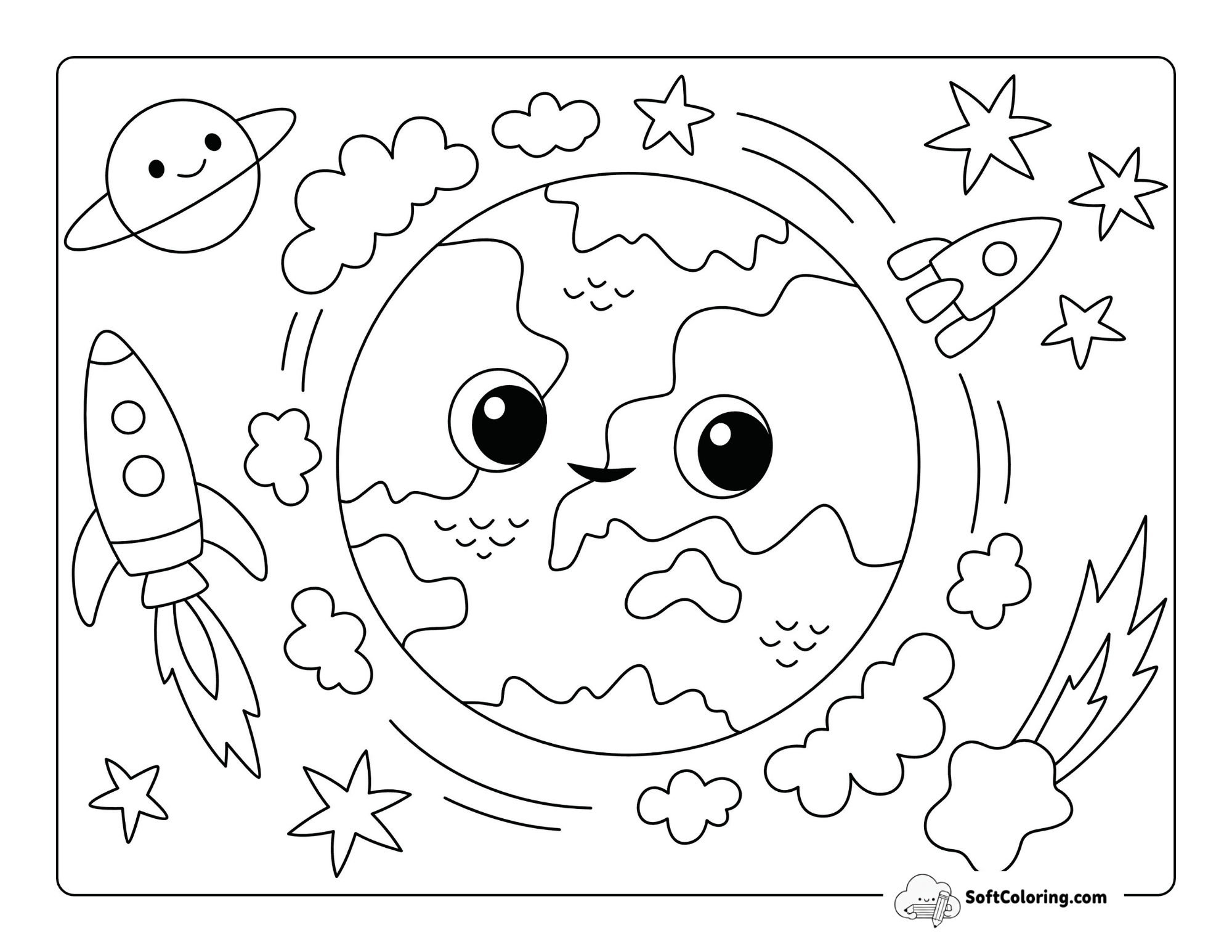Awesome Earth Coloring Page - Space Exploration With Rockets