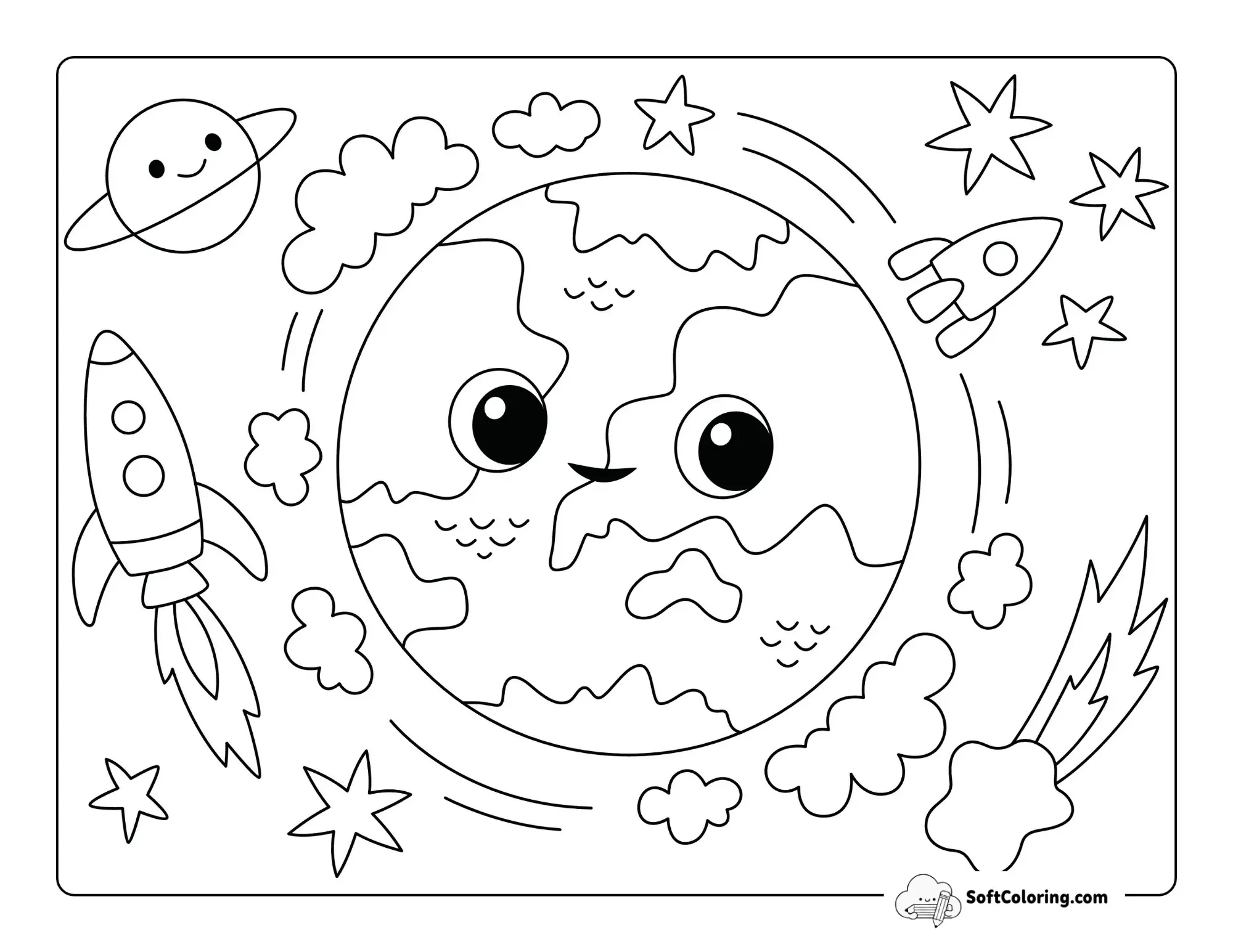 Awesome Earth Coloring Page - Space Exploration With Rockets
