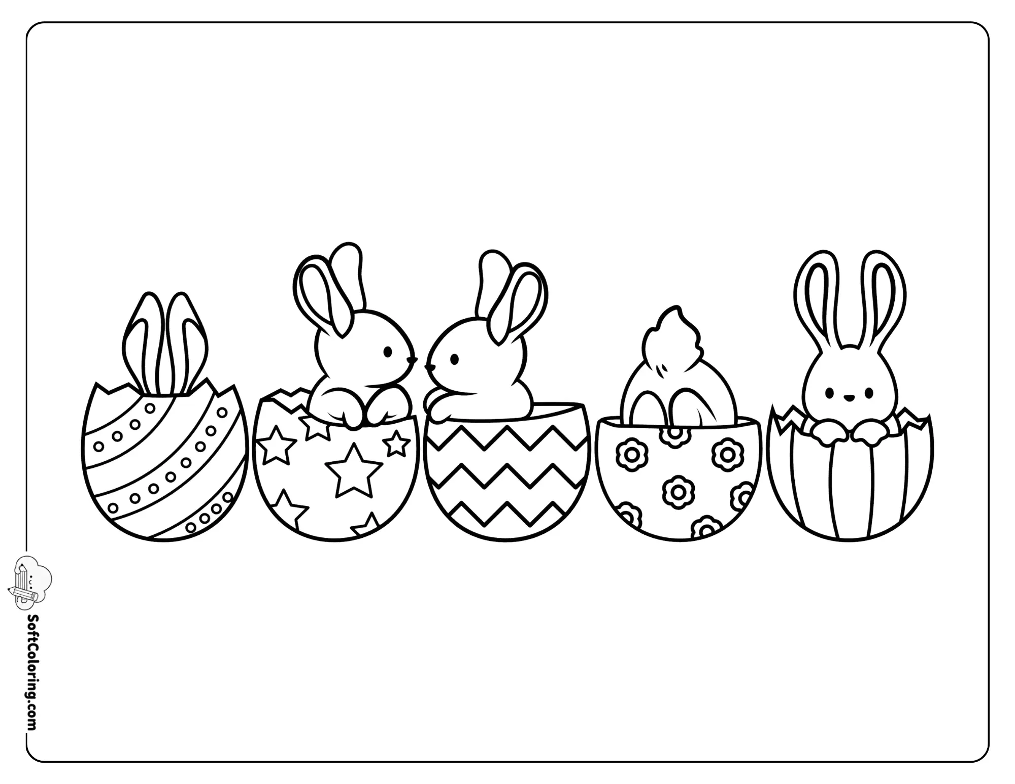 Cute Bunnies In Decorated Easter Eggs Coloring Page