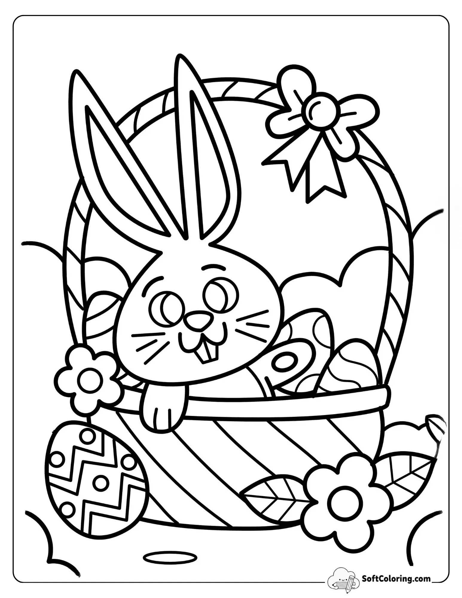 Basket With Easter Eggs And Bunny Coloring Page