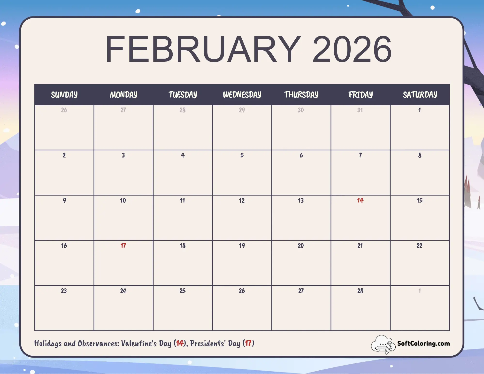 Pretty Winter February Calendar Template