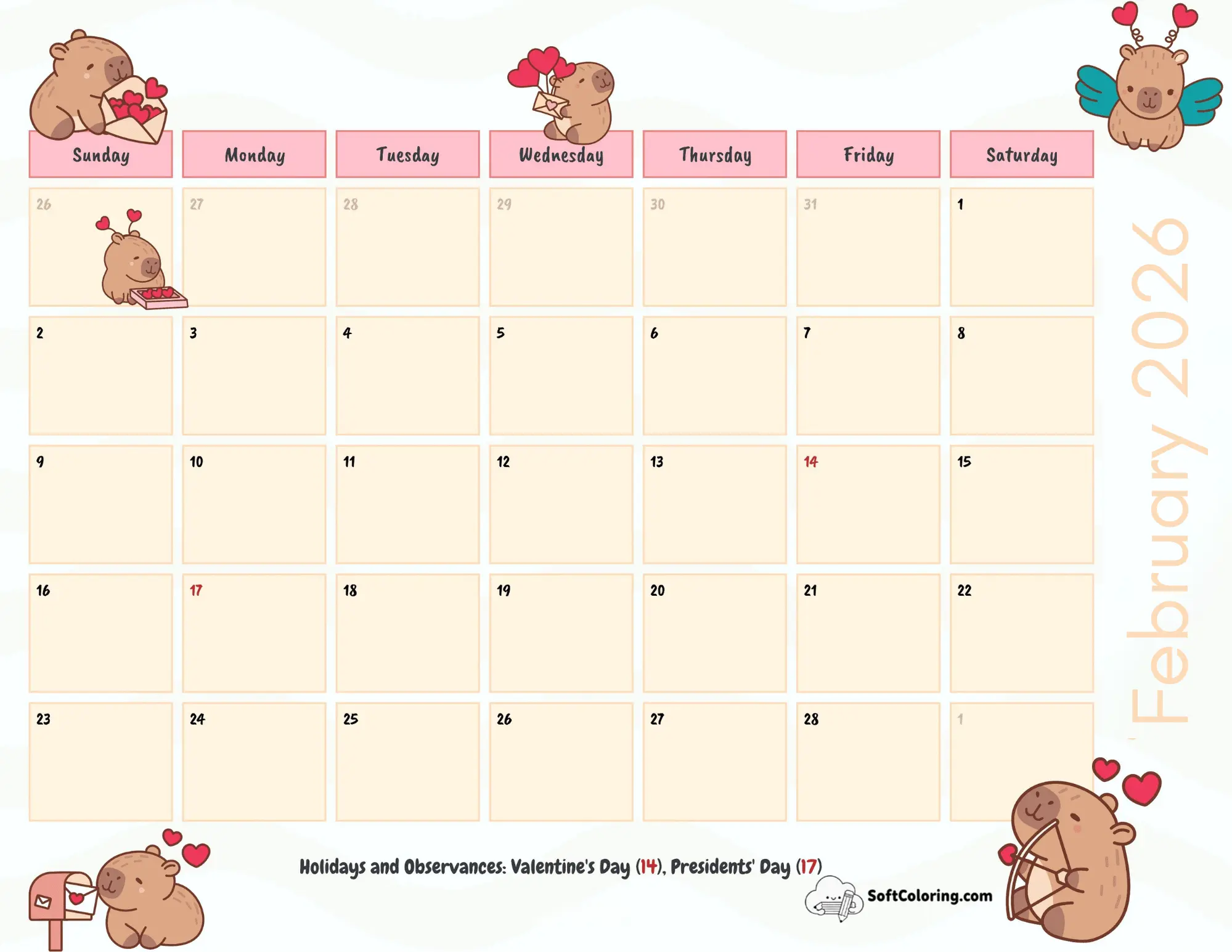 Cute Capybara Valentines February 2026 Calendar Printable