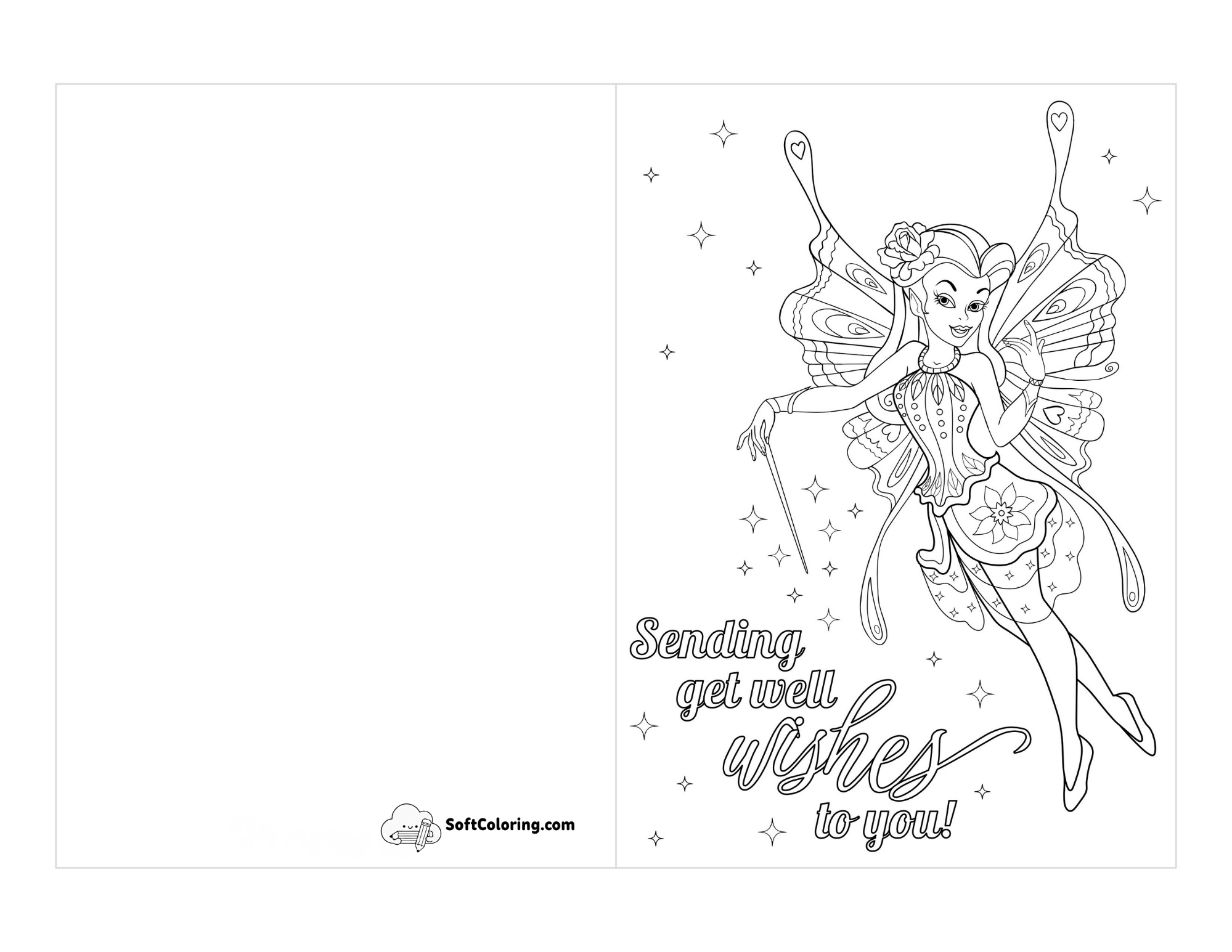 "Sending Get Well Wishes To You" Fairy Card To Color