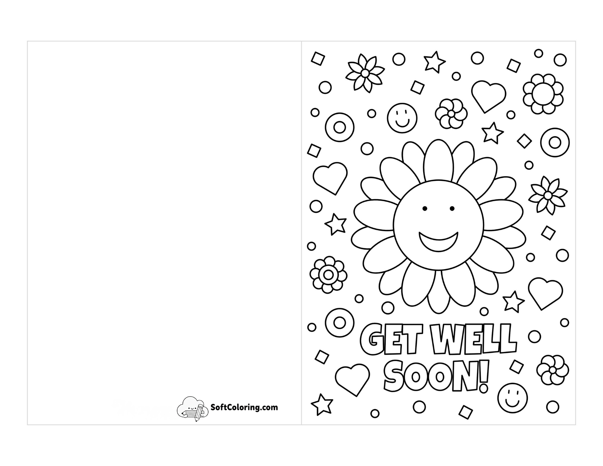 "Get Well Soon" Hearts, Stars, Flowers Card To Color In