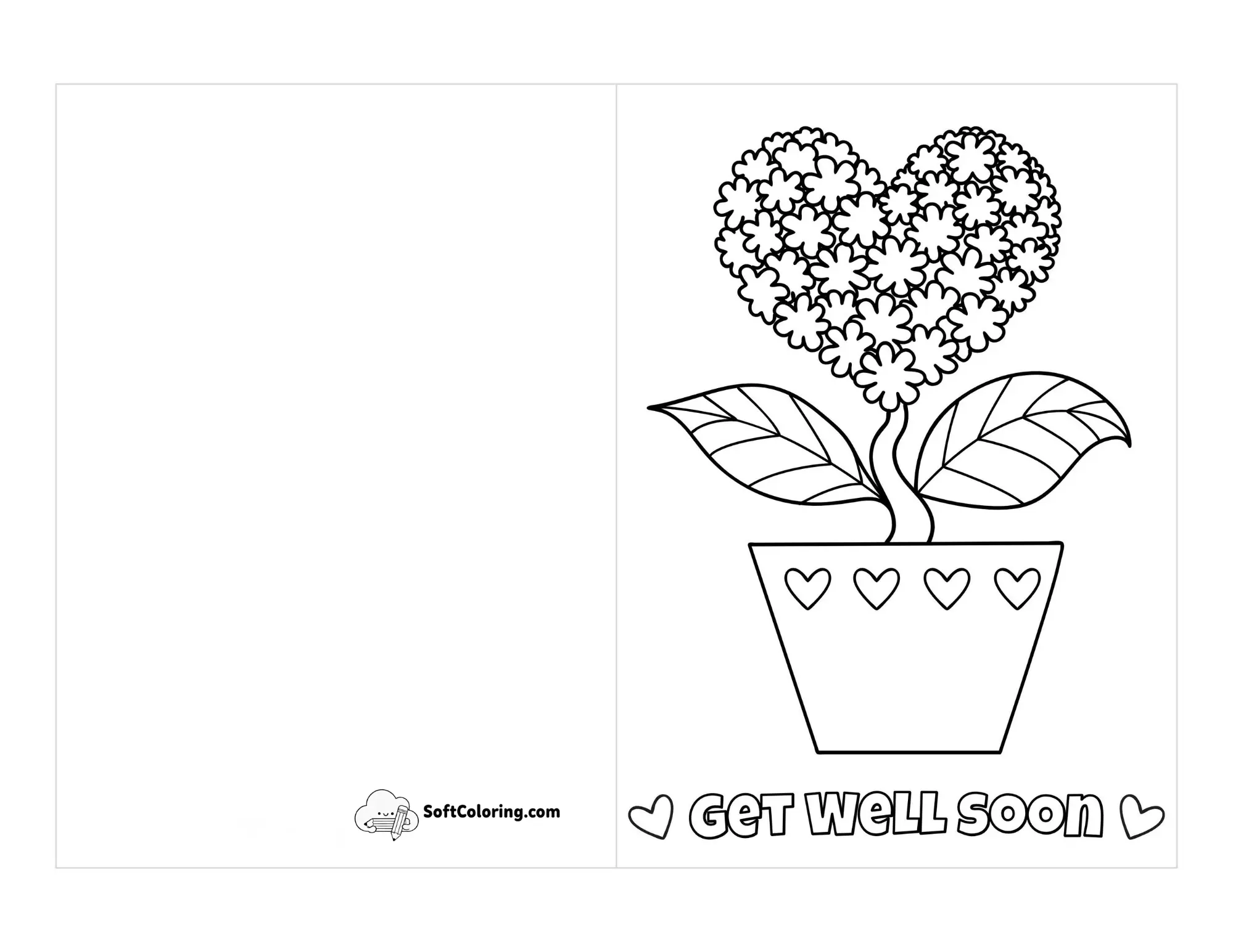 Printable "Get Well Soon" Heart Pot Plant Card To Color