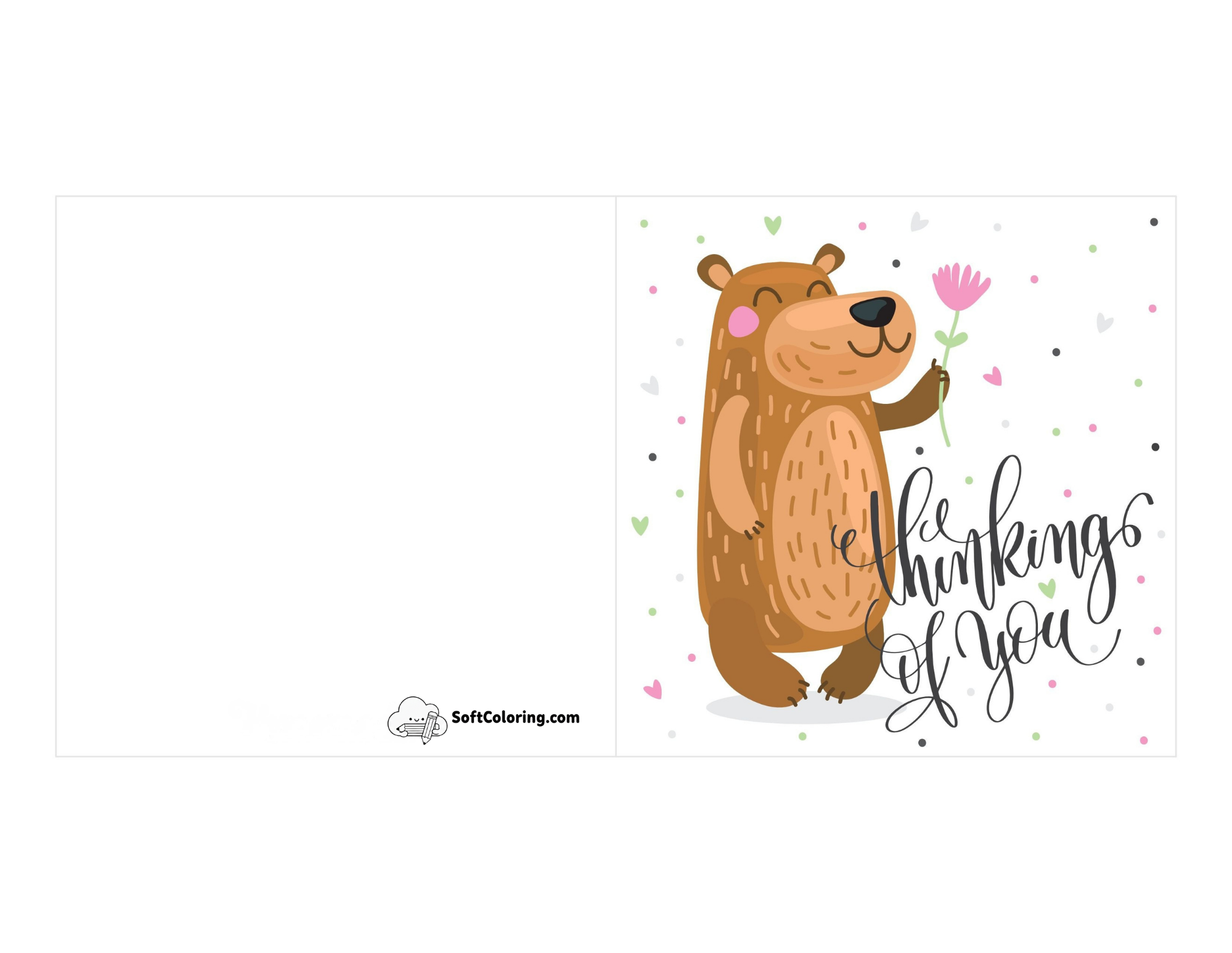 "Thinking Of You" Cute Bear With Flower Printable Card