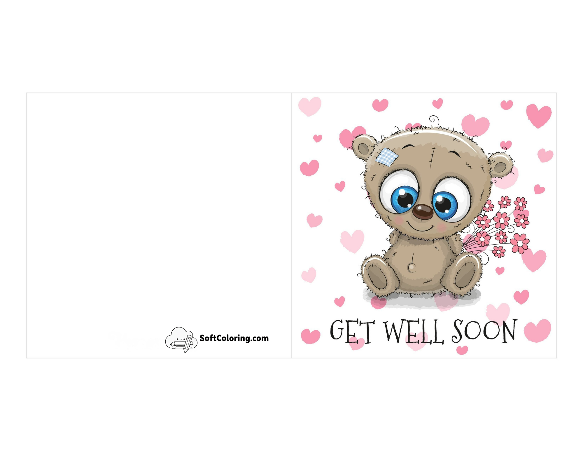 Cute Teddy "Get Well Soon" Flowers And Hearts Card