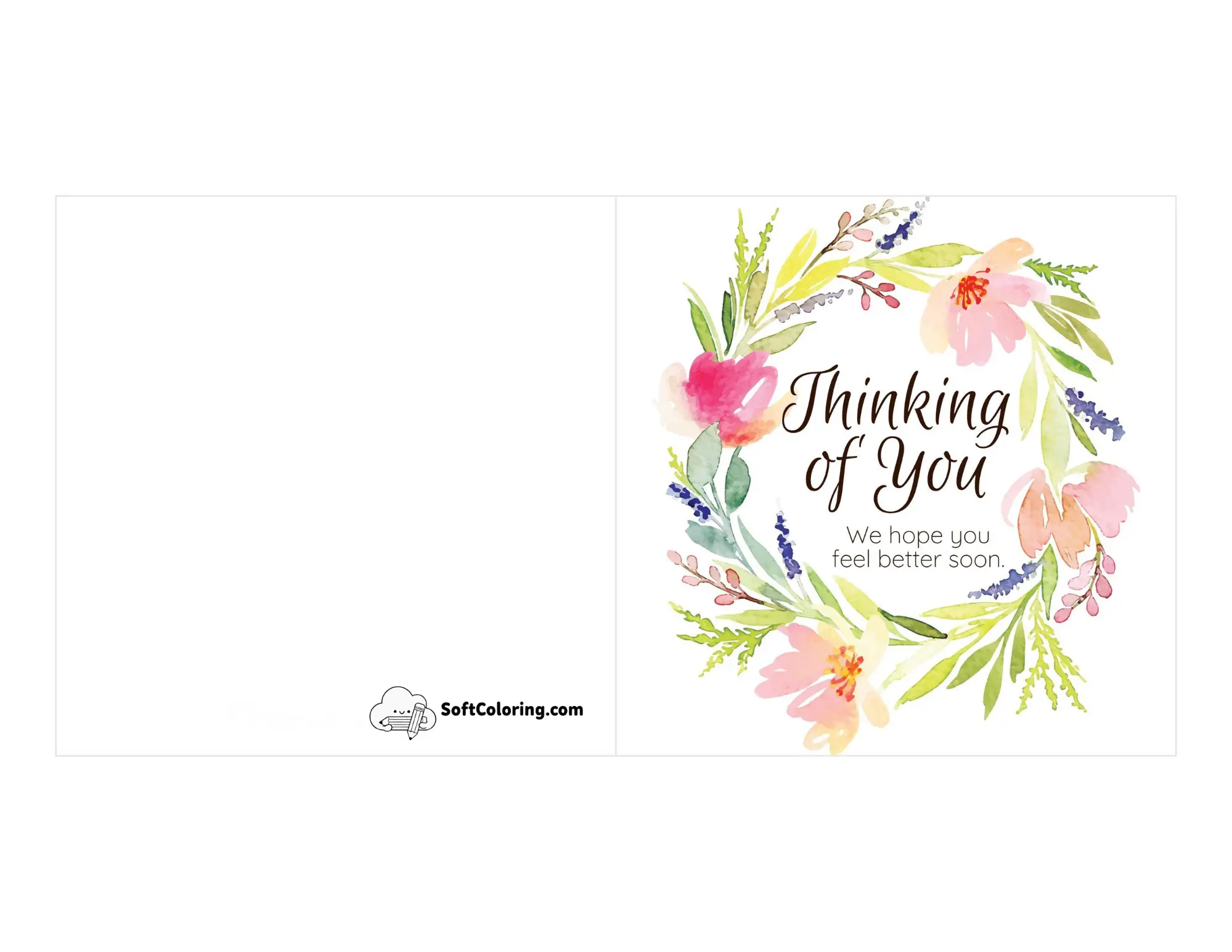 "Thinking Of You" Watercolor Flowers Wreath Card To Print
