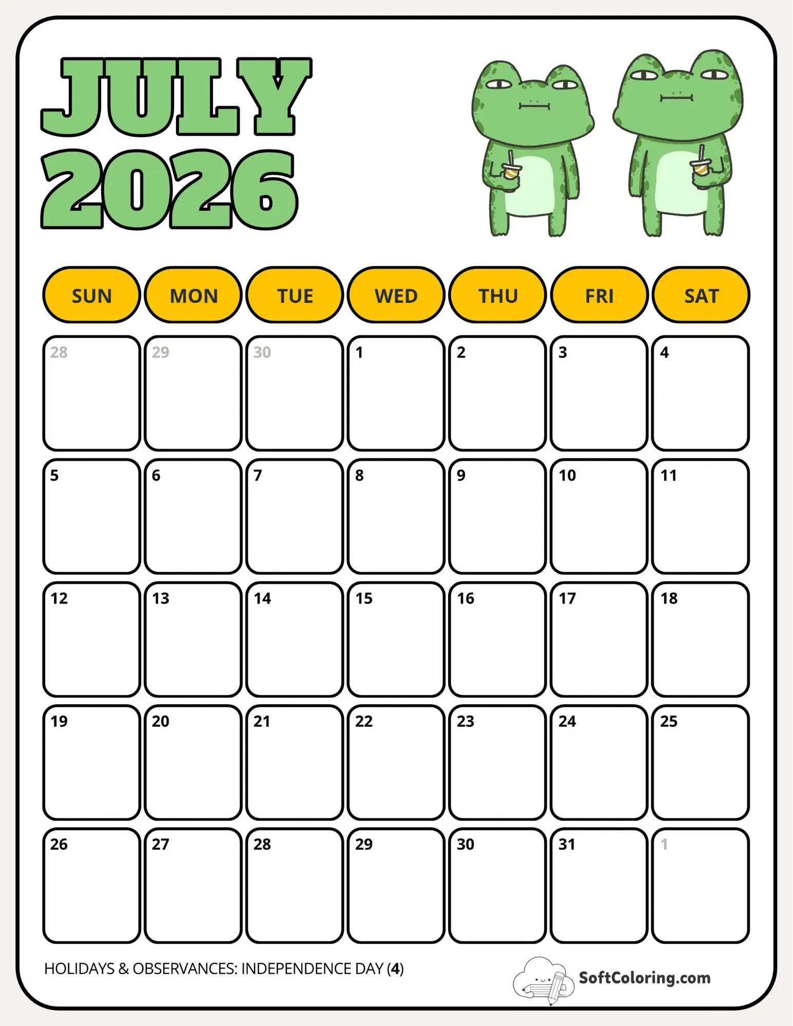 July Calendar 2026 Playful Yellow Green Frog Buddies Illustration