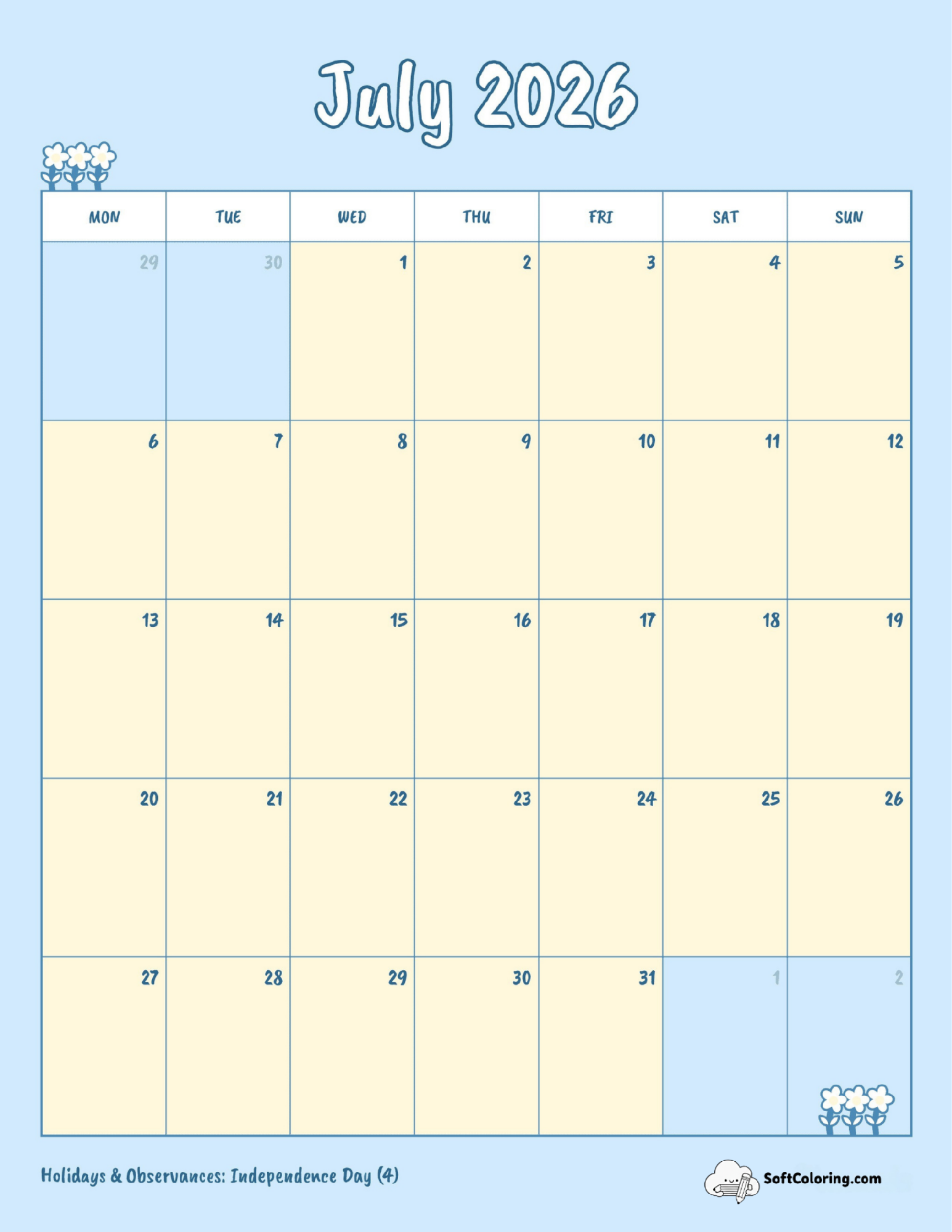 Blue Portrait - July 2026 Monday Calendar