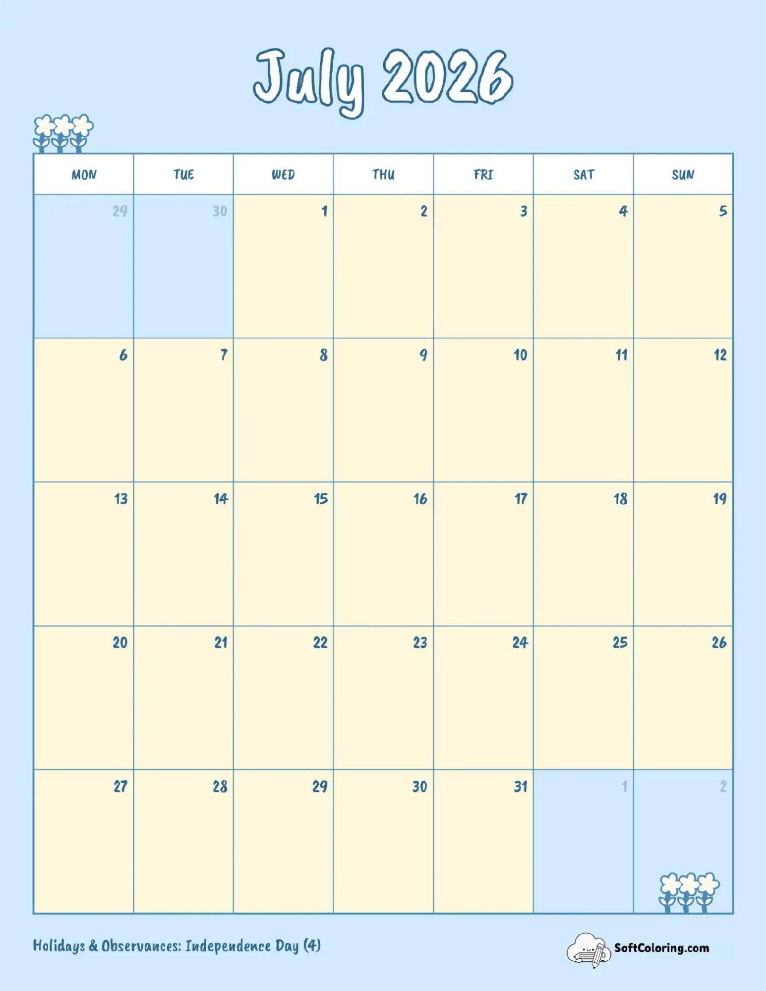 Blue Portrait - July 2026 Monday Calendar