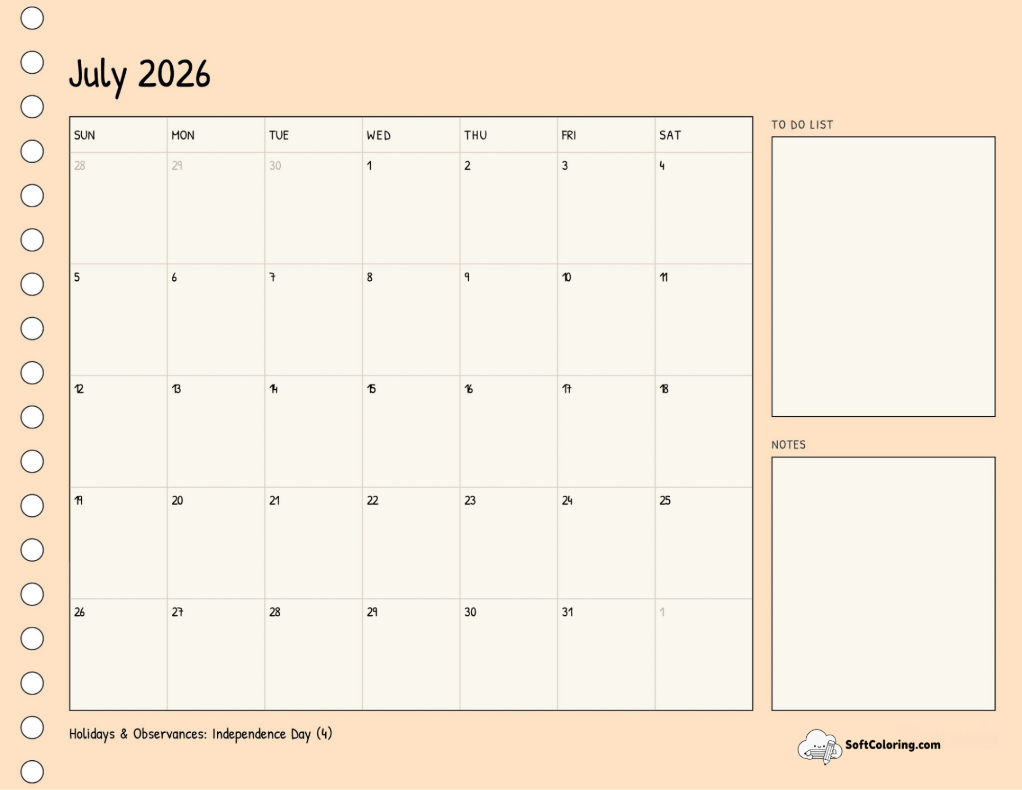 Cute Planner Page Simple July Printable Calendar With Notes