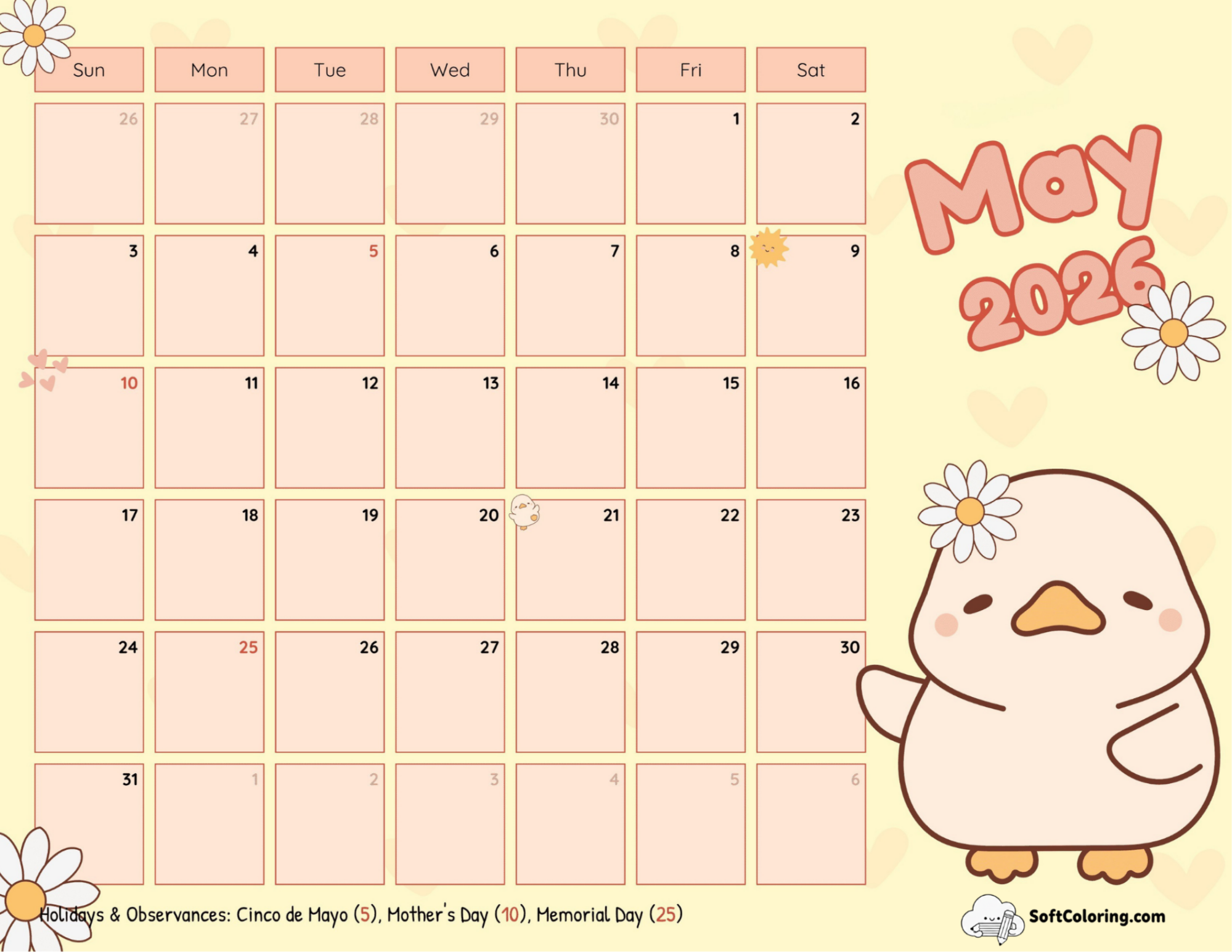 Cute Cartoon Duckling 2026 May Calendar Template