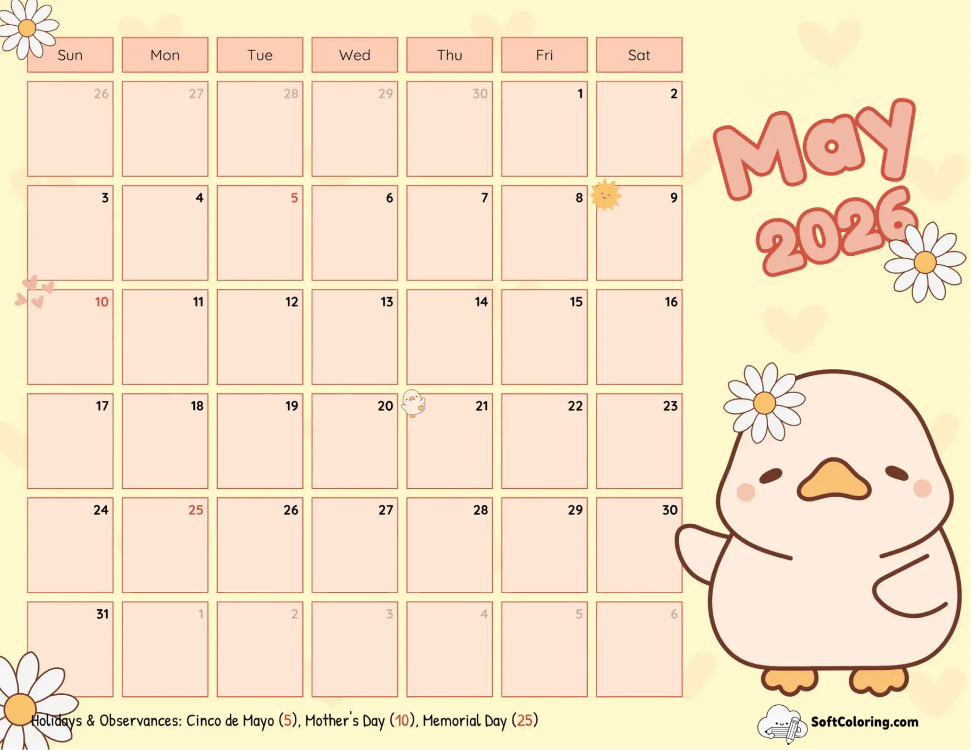 Cute Cartoon Duckling 2026 May Calendar Template