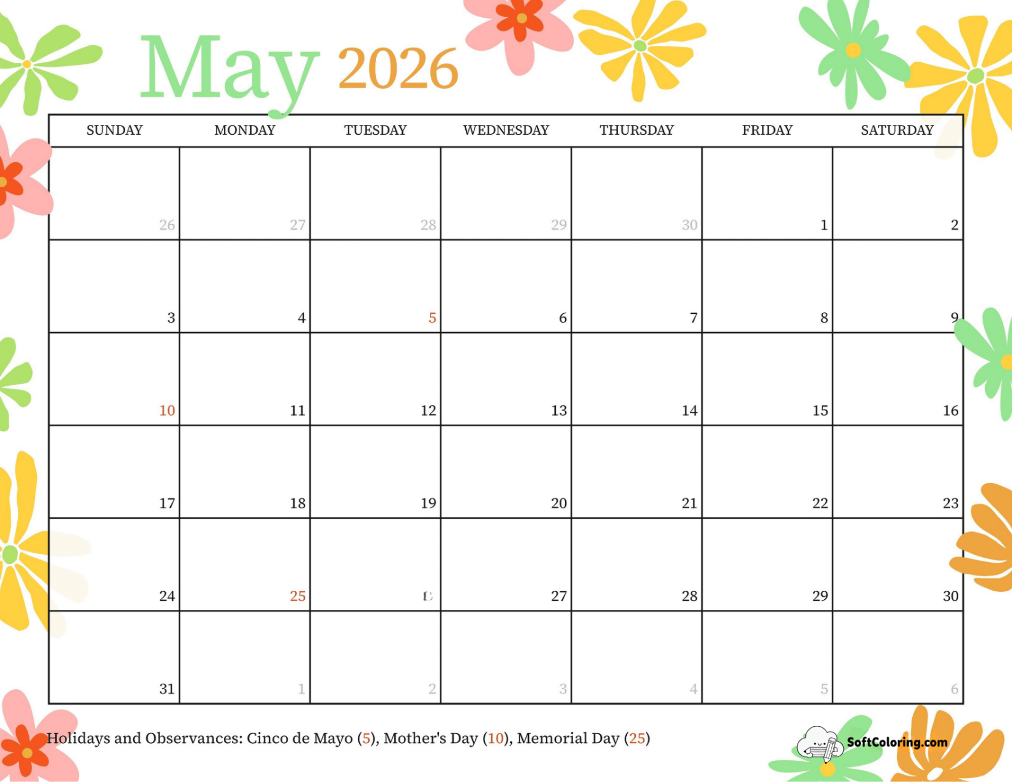 Simple Retro Floral May Calendar Printable