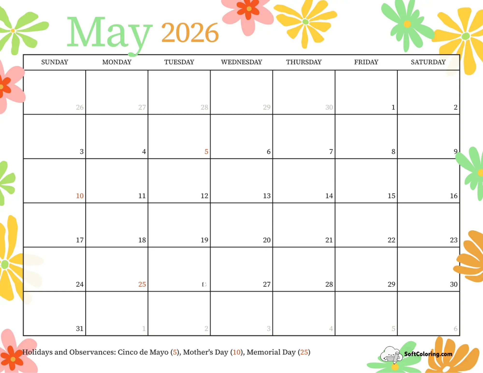 Simple Retro Floral May Calendar Printable