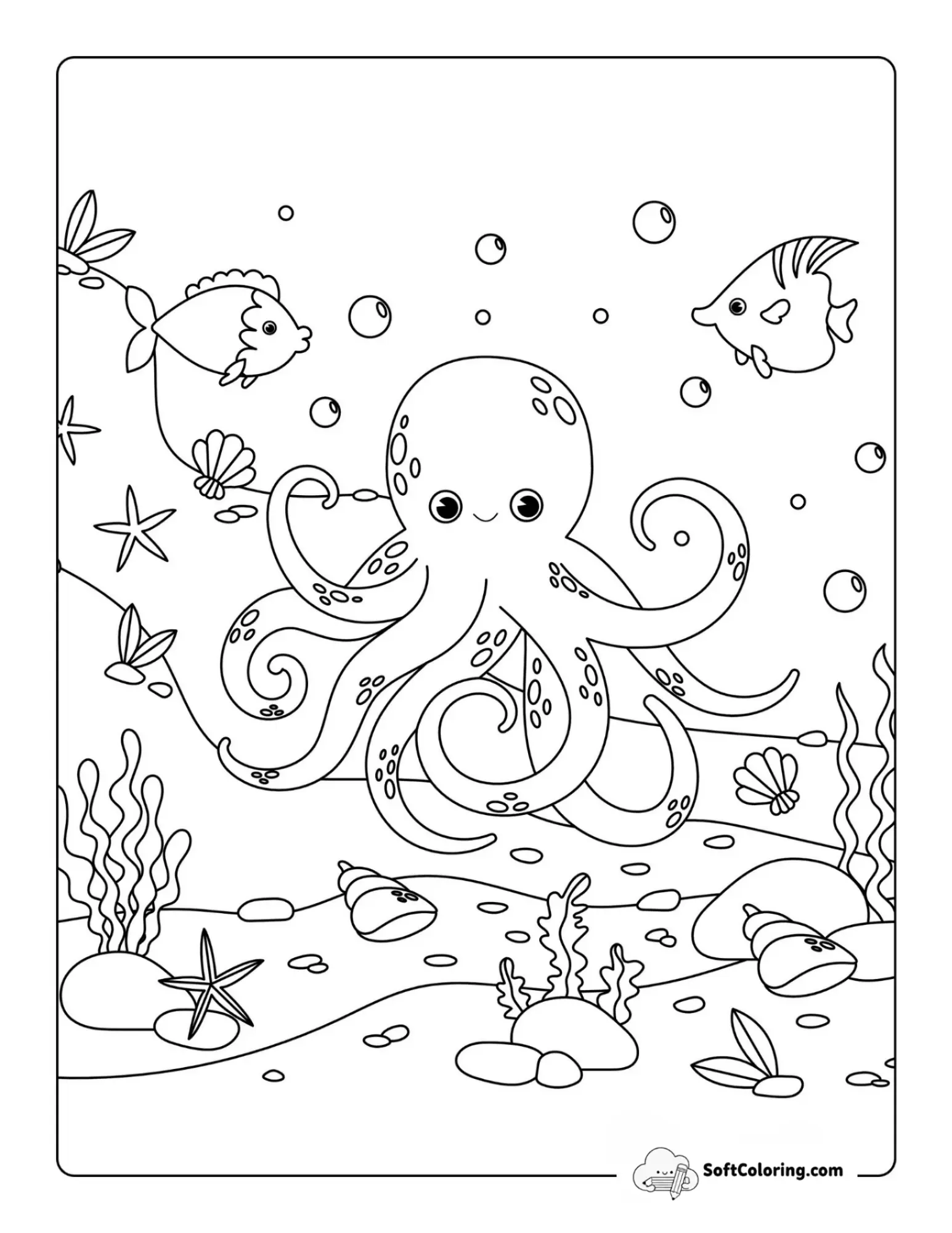 Cute Octopus With Fish On The Ocean Floor